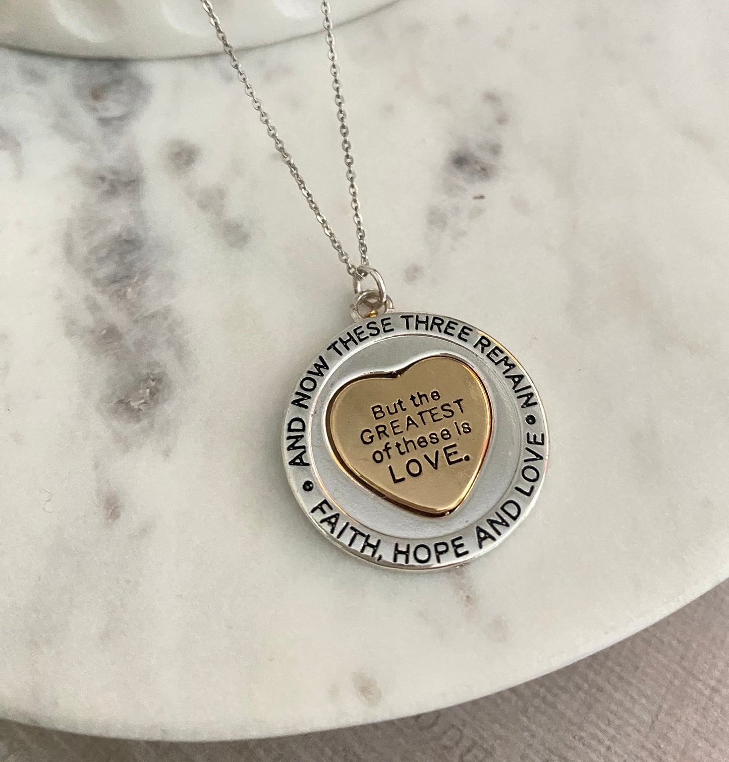 But the greatest of these is Love Bible Verse Spinner Necklace, Christian Gifts Jewelry, Motivational Scripture Charms, Faith Hope and Love