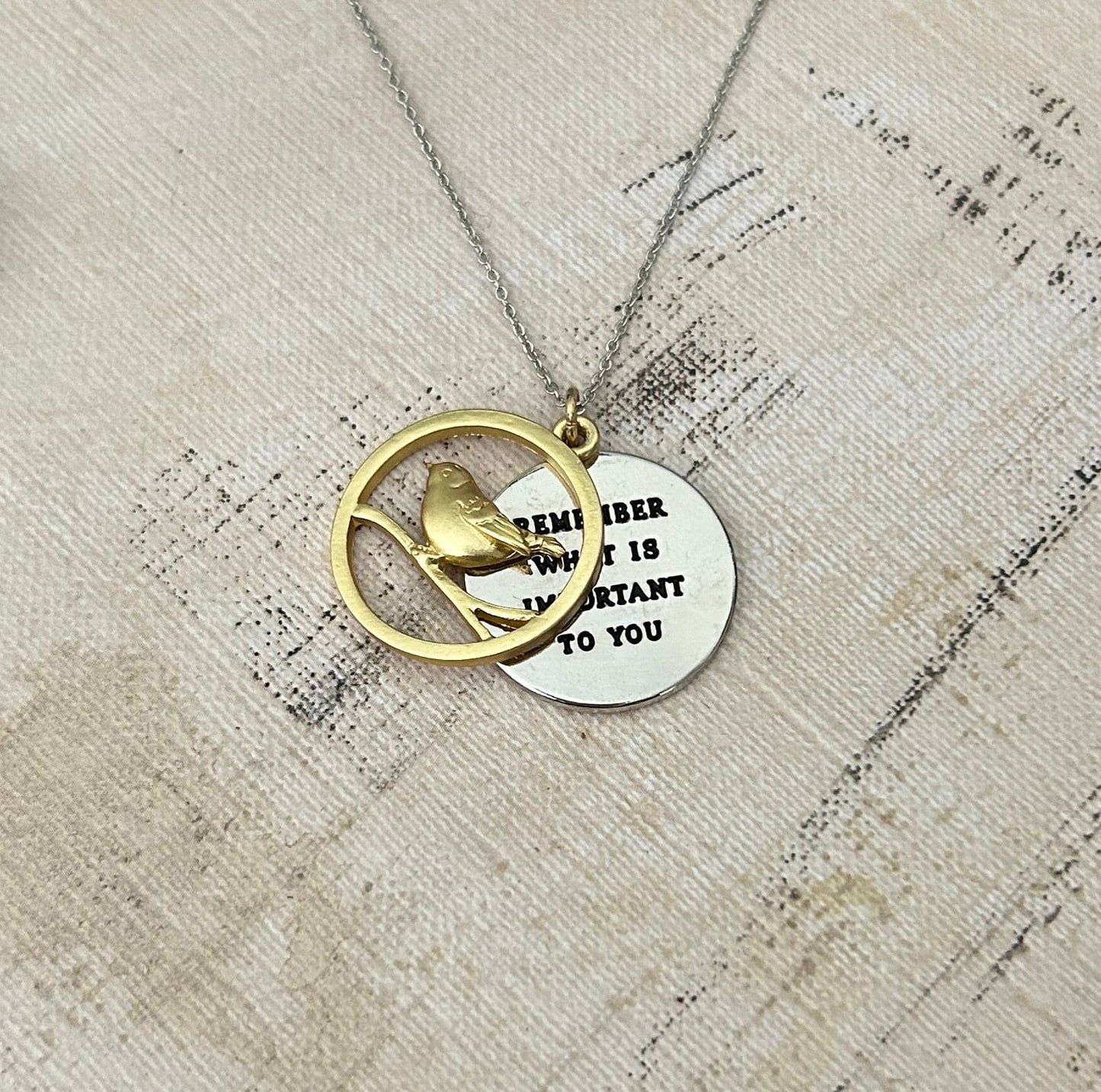 Remember what is important to you Bird Necklace, Motivational Inspirational Jewelry Two Layer Disc Pendant Self Care Charm, Bird Lovers Gift