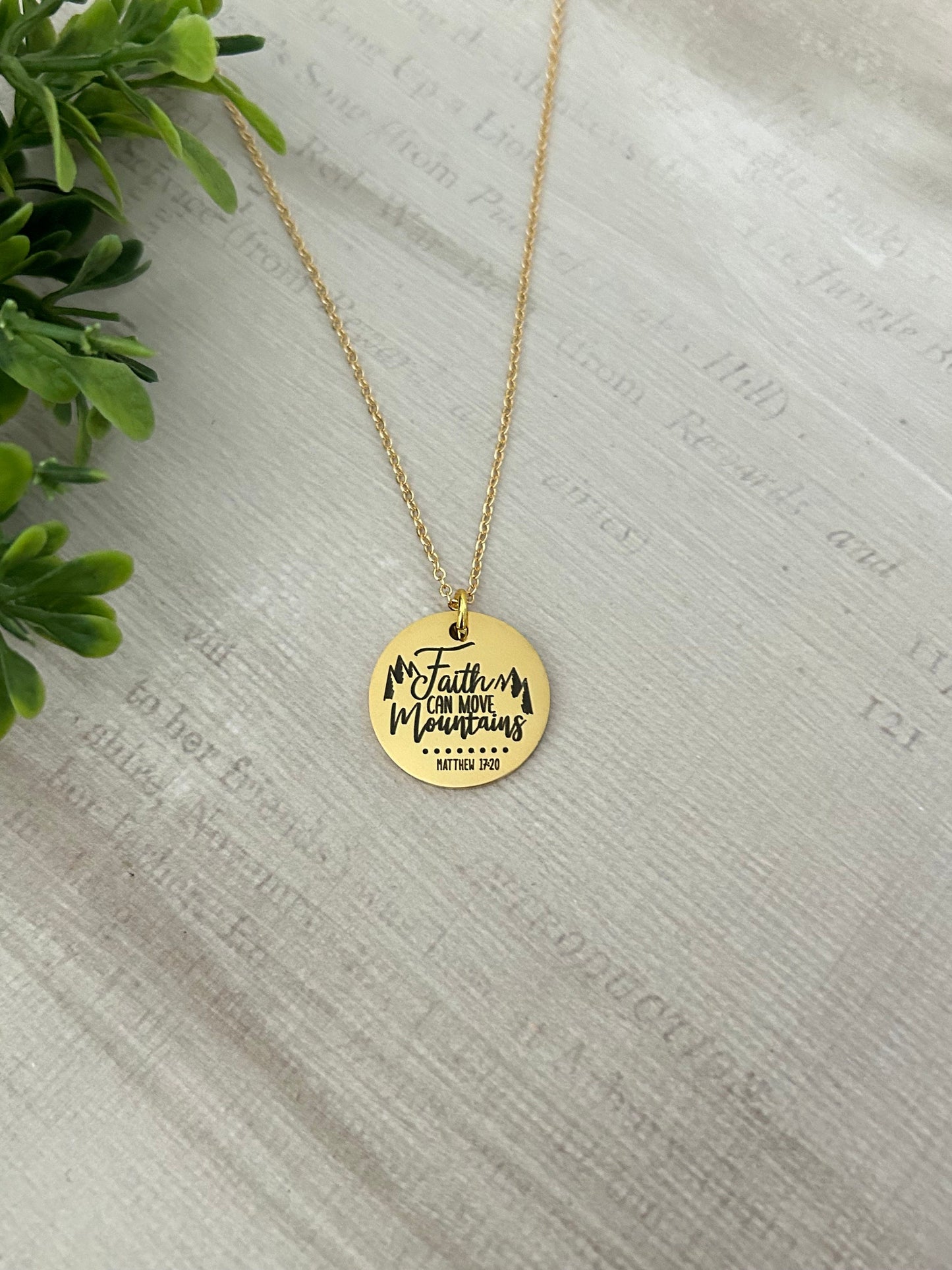 Faith Can Move Mountains Gold Bible Verse Necklace, Christian Gifts, Scripture Jewelry, Mathew 17:20, Faith Necklace Charm, 16K Gold Plated