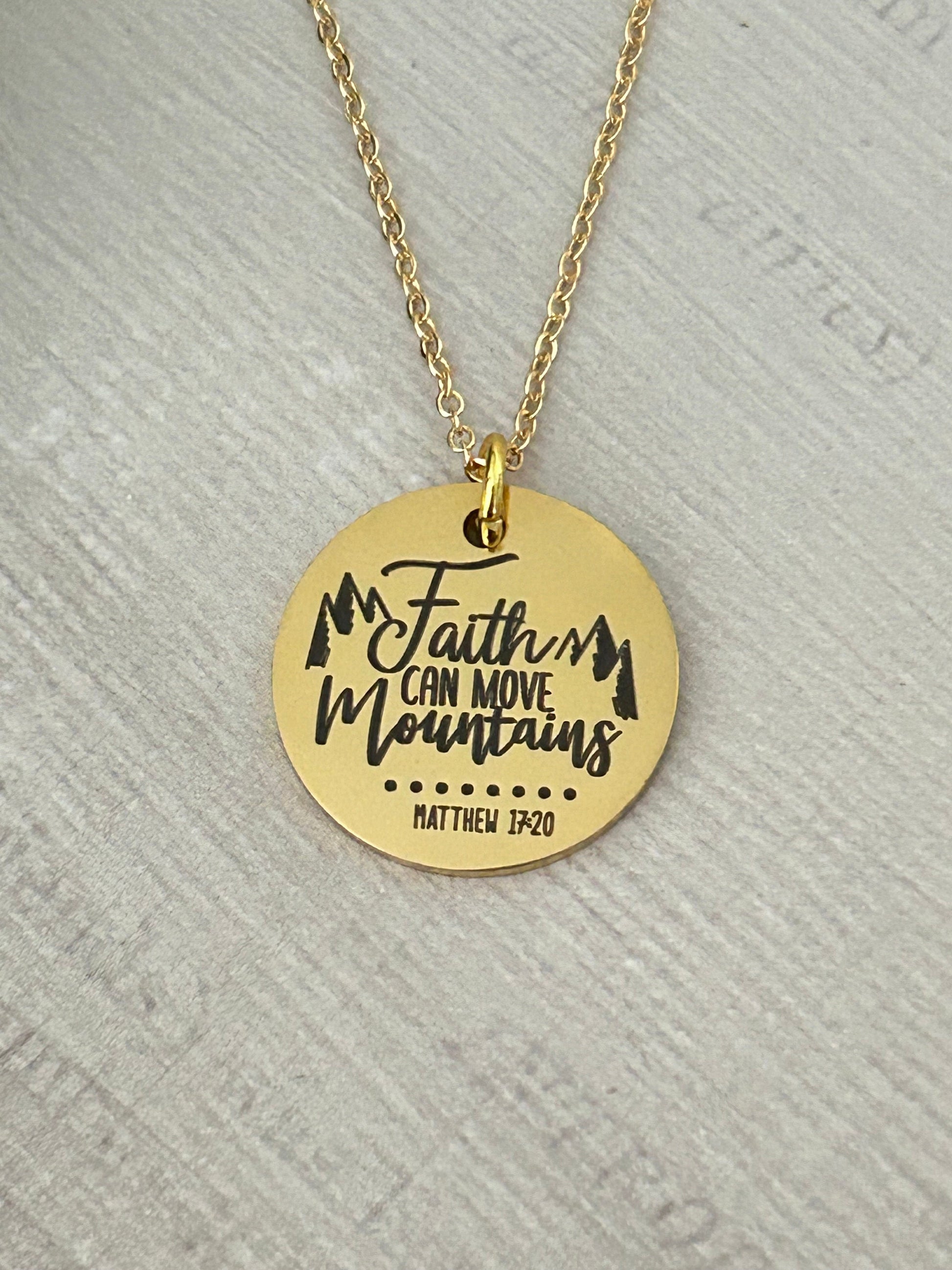 Faith Can Move Mountains Gold Bible Verse Necklace, Christian Gifts, Scripture Jewelry, Mathew 17:20, Faith Necklace Charm, 16K Gold Plated