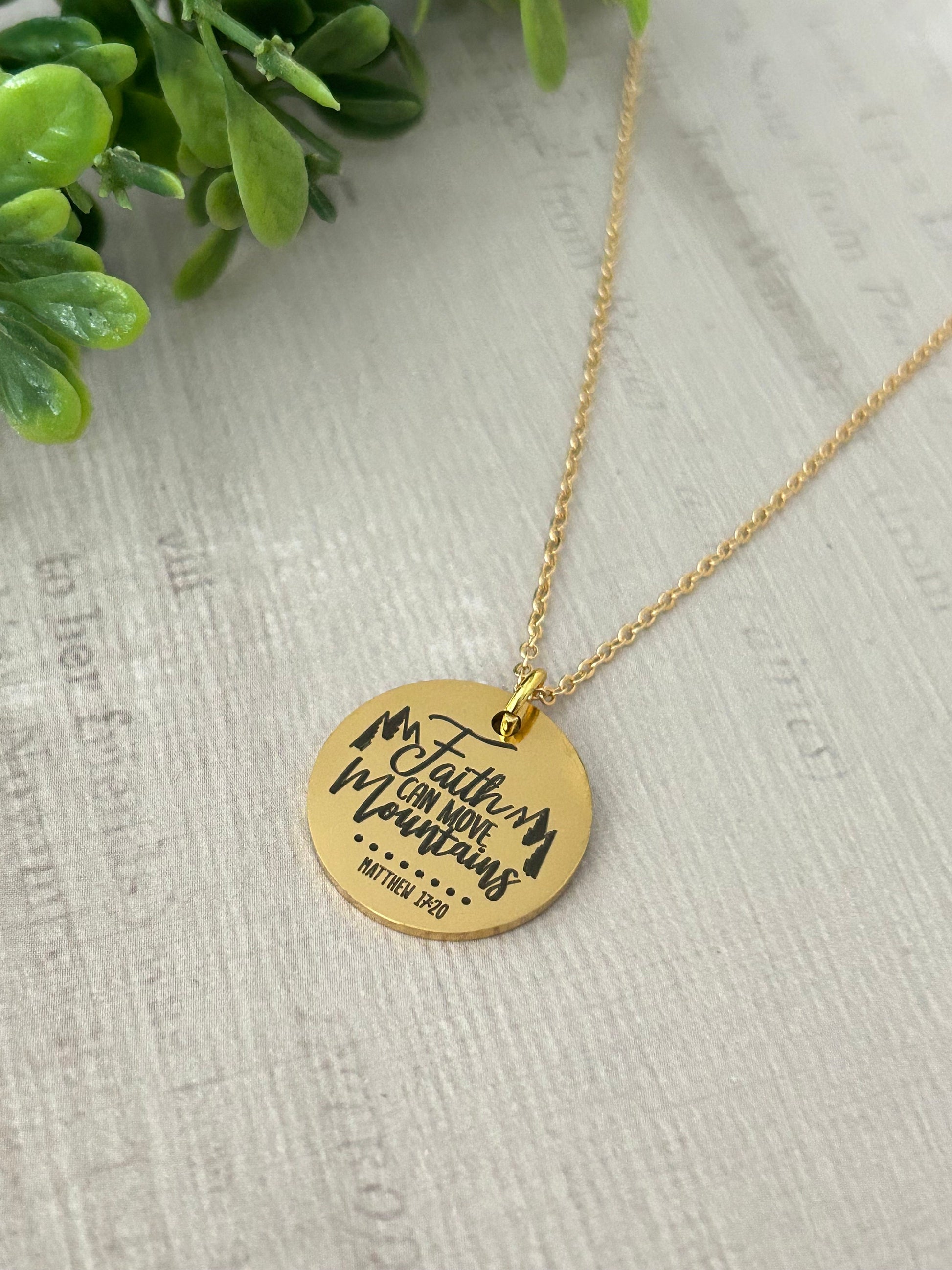 Faith Can Move Mountains Gold Bible Verse Necklace, Christian Gifts, Scripture Jewelry, Mathew 17:20, Faith Necklace Charm, 16K Gold Plated