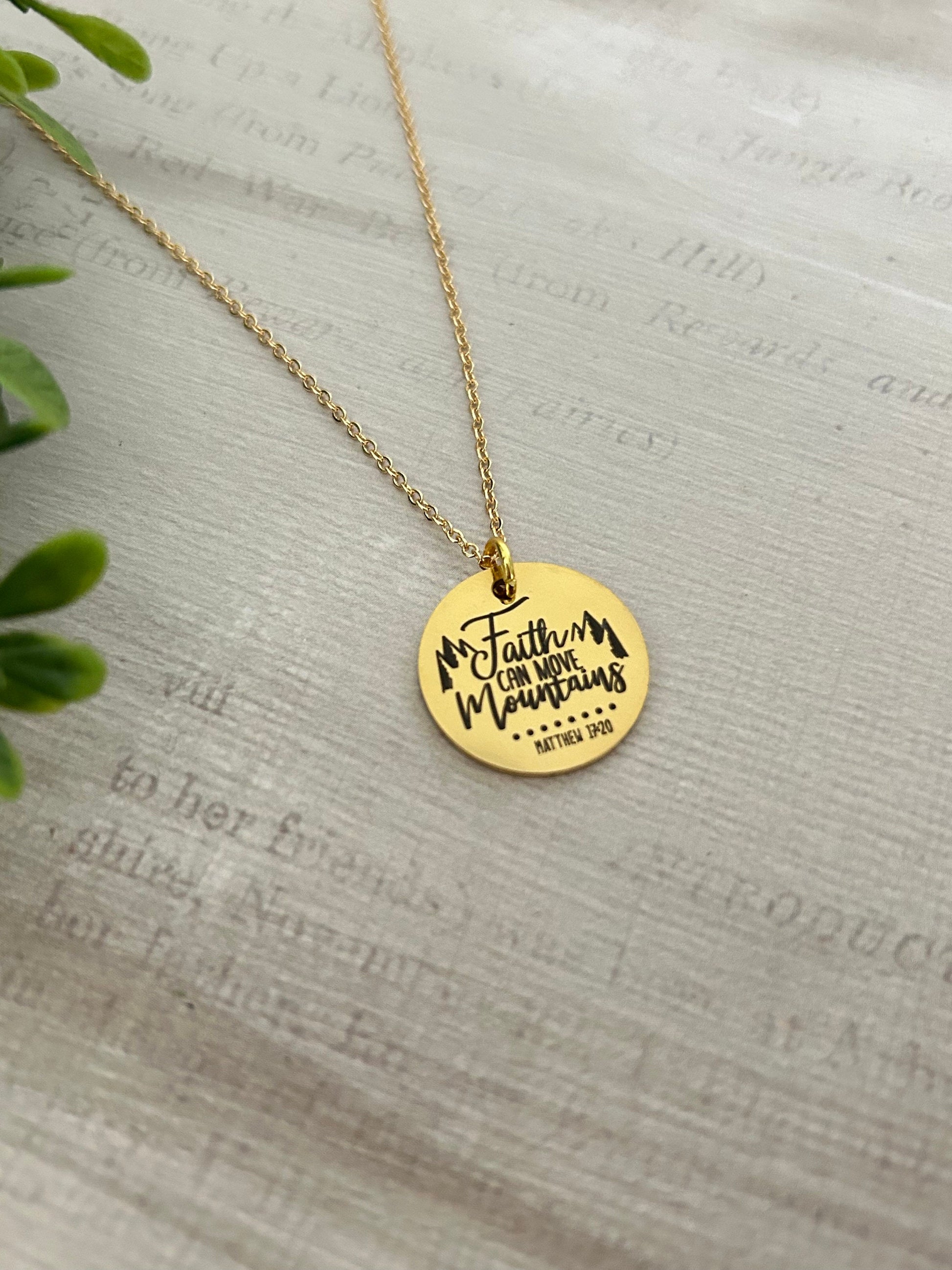 Faith Can Move Mountains Gold Bible Verse Necklace, Christian Gifts, Scripture Jewelry, Mathew 17:20, Faith Necklace Charm, 16K Gold Plated