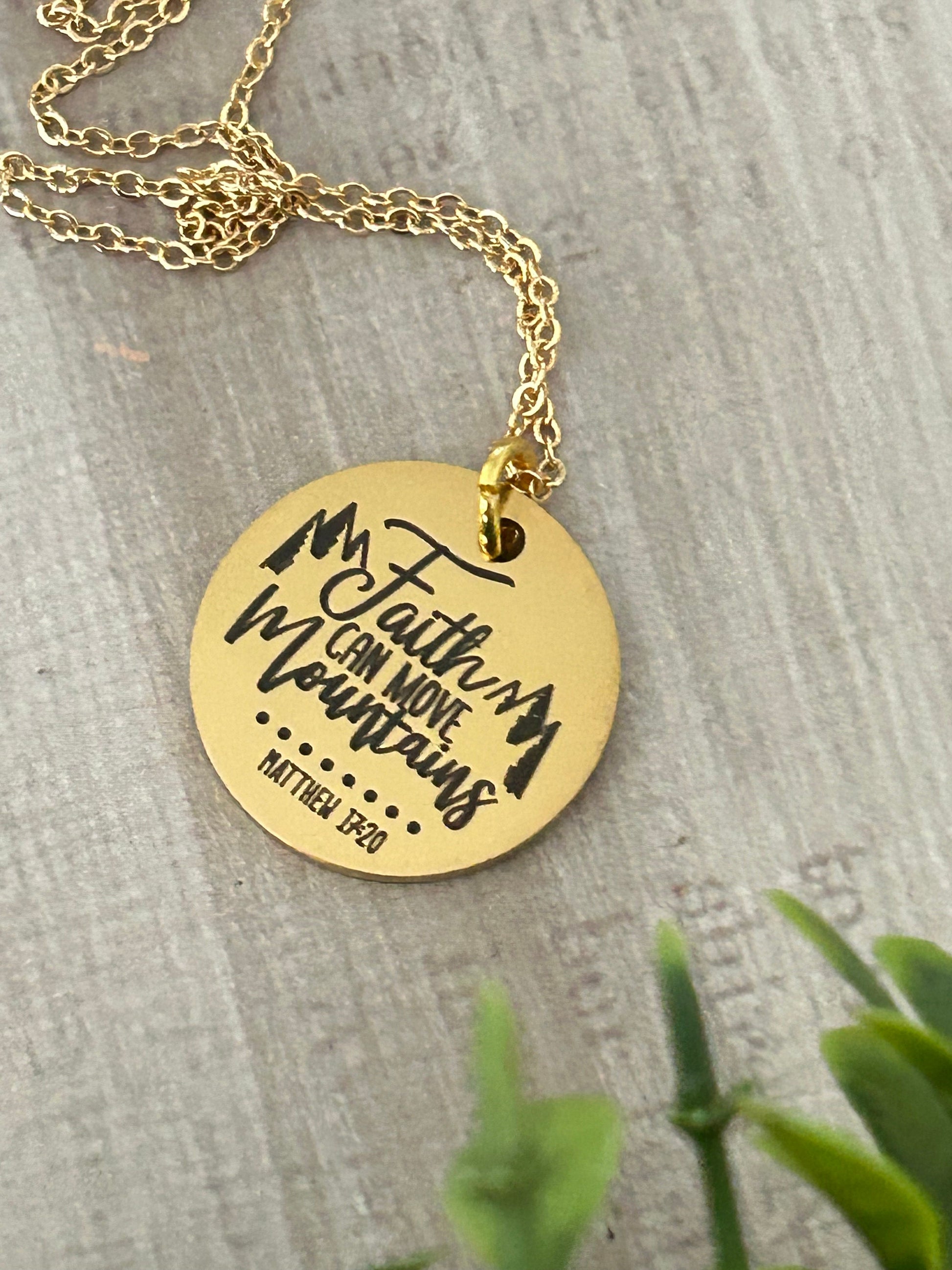 Faith Can Move Mountains Gold Bible Verse Necklace, Christian Gifts, Scripture Jewelry, Mathew 17:20, Faith Necklace Charm, 16K Gold Plated