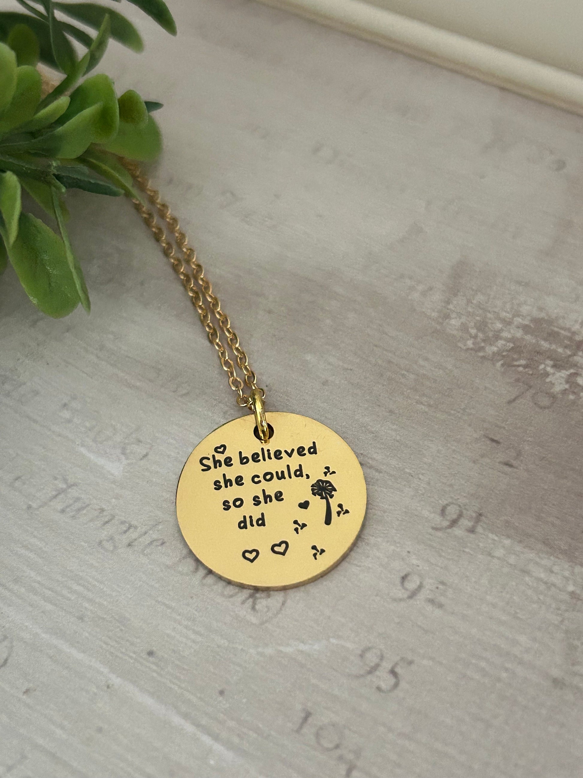 She believed She could so She did Gold Necklace, Inspirational Jewelry, Gift for Daughter, Motivational Charm Pendant, Graduation Gift