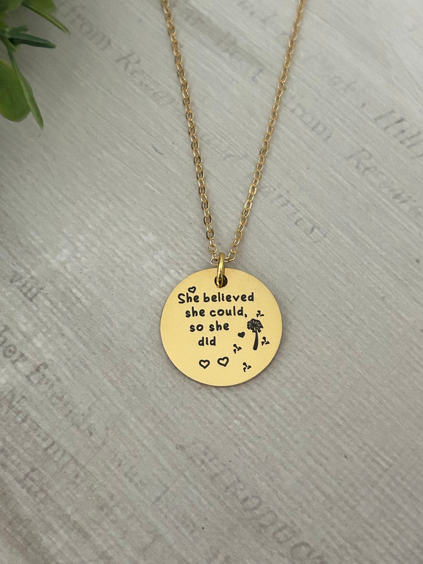 She believed She could so She did Gold Necklace, Inspirational Jewelry, Gift for Daughter, Motivational Charm Pendant, Graduation Gift