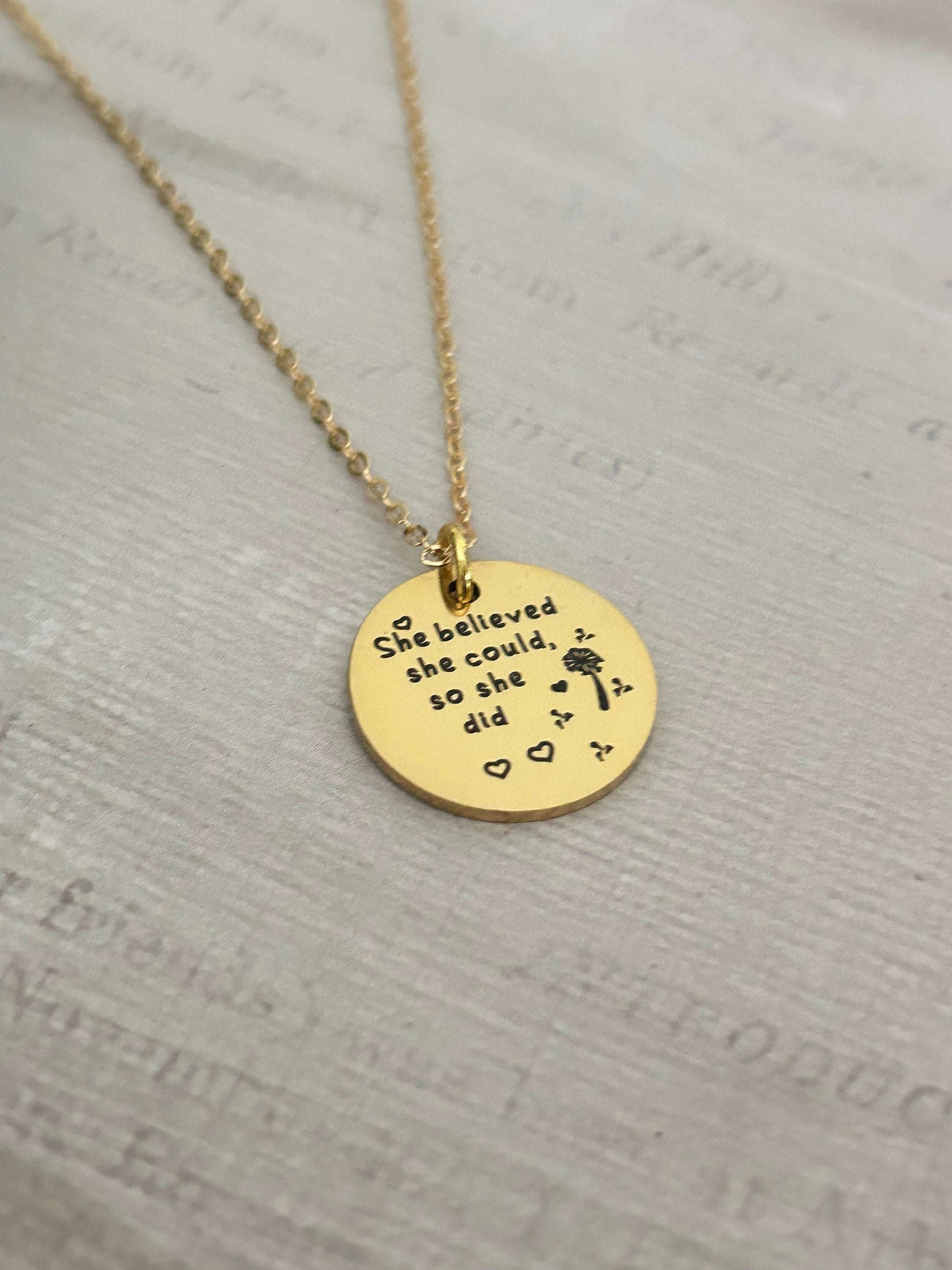 She believed She could so She did Gold Necklace, Inspirational Jewelry, Gift for Daughter, Motivational Charm Pendant, Graduation Gift