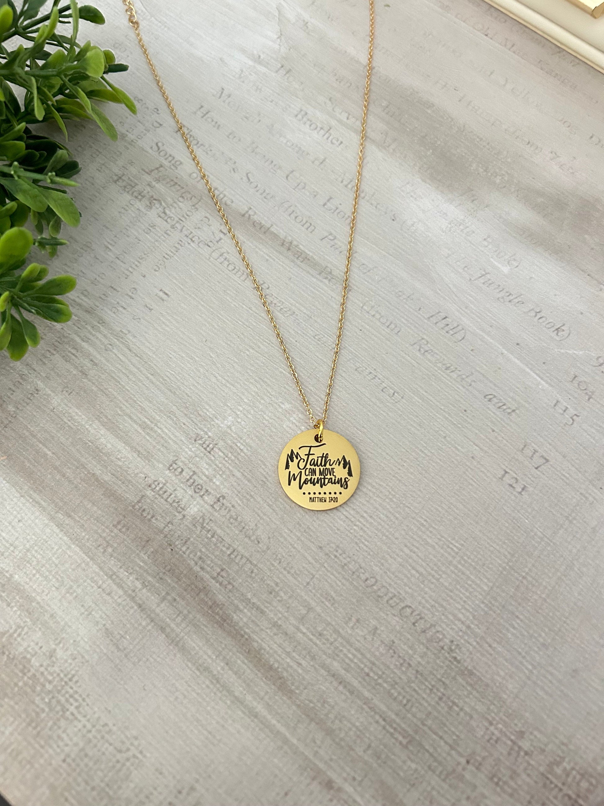 Faith Can Move Mountains Gold Bible Verse Necklace, Christian Gifts, Scripture Jewelry, Mathew 17:20, Faith Necklace Charm, 16K Gold Plated