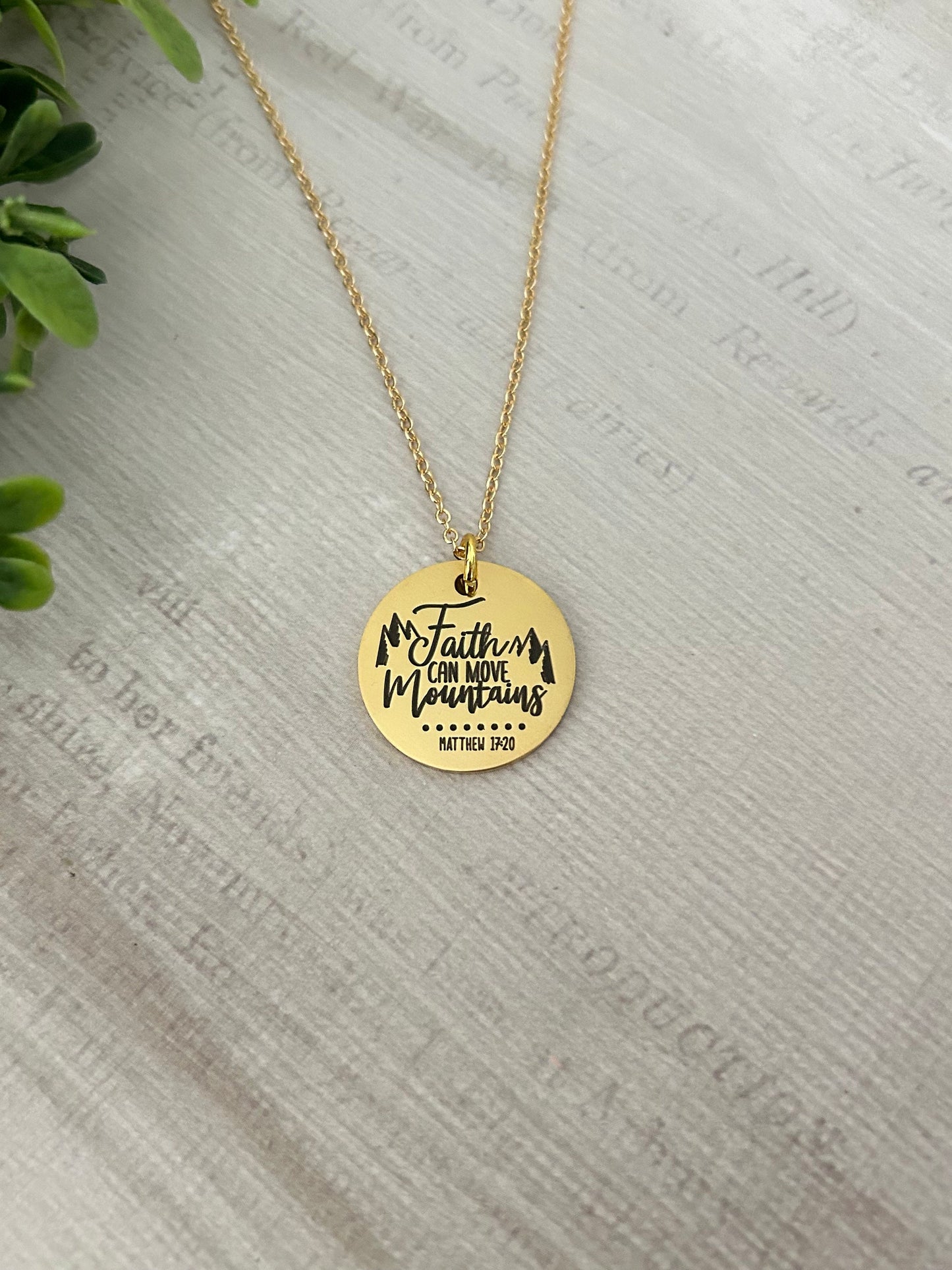 Faith Can Move Mountains Gold Bible Verse Necklace, Christian Gifts, Scripture Jewelry, Mathew 17:20, Faith Necklace Charm, 16K Gold Plated