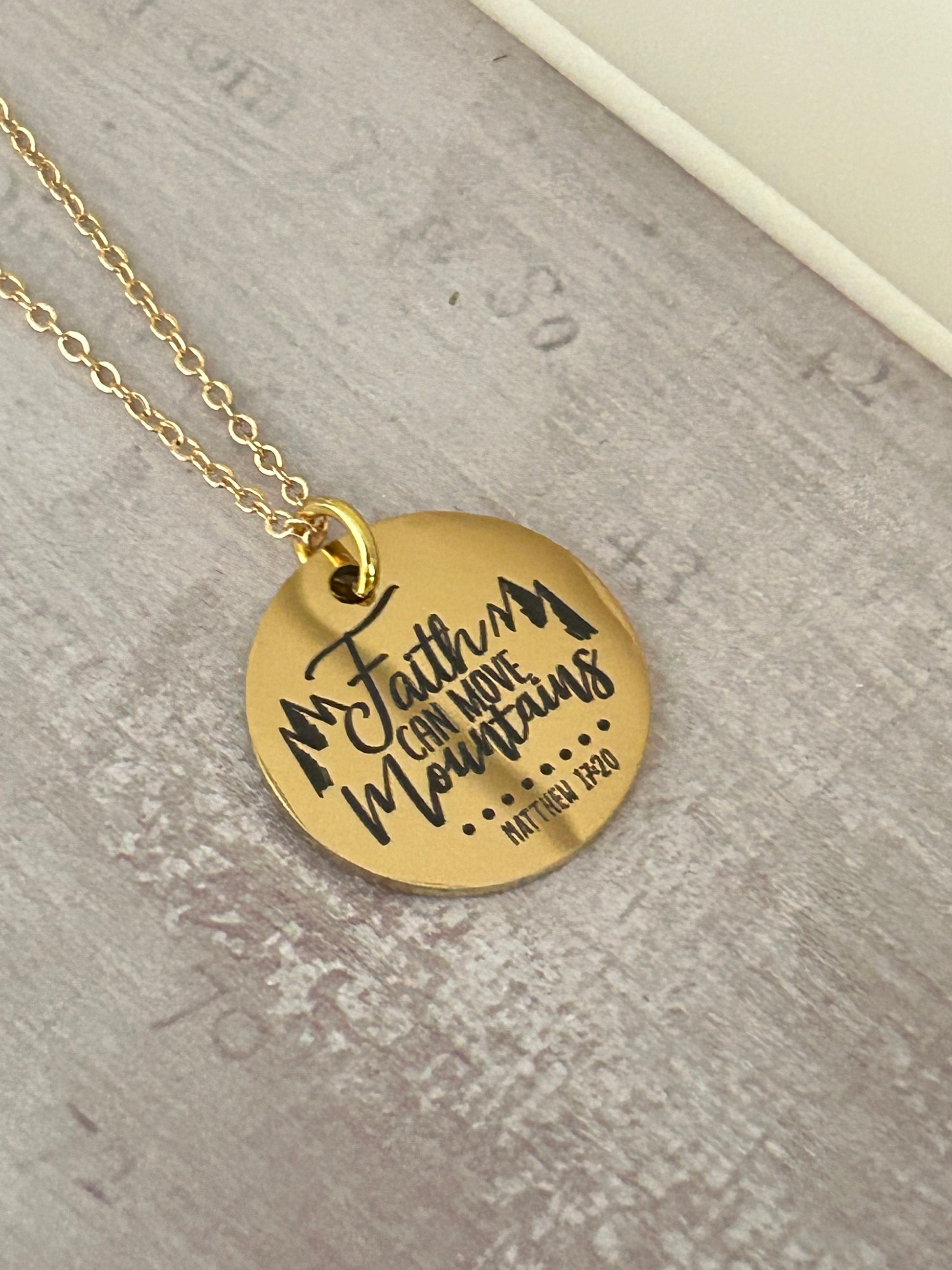 Faith Can Move Mountains Gold Bible Verse Necklace, Christian Gifts, Scripture Jewelry, Mathew 17:20, Faith Necklace Charm, 16K Gold Plated