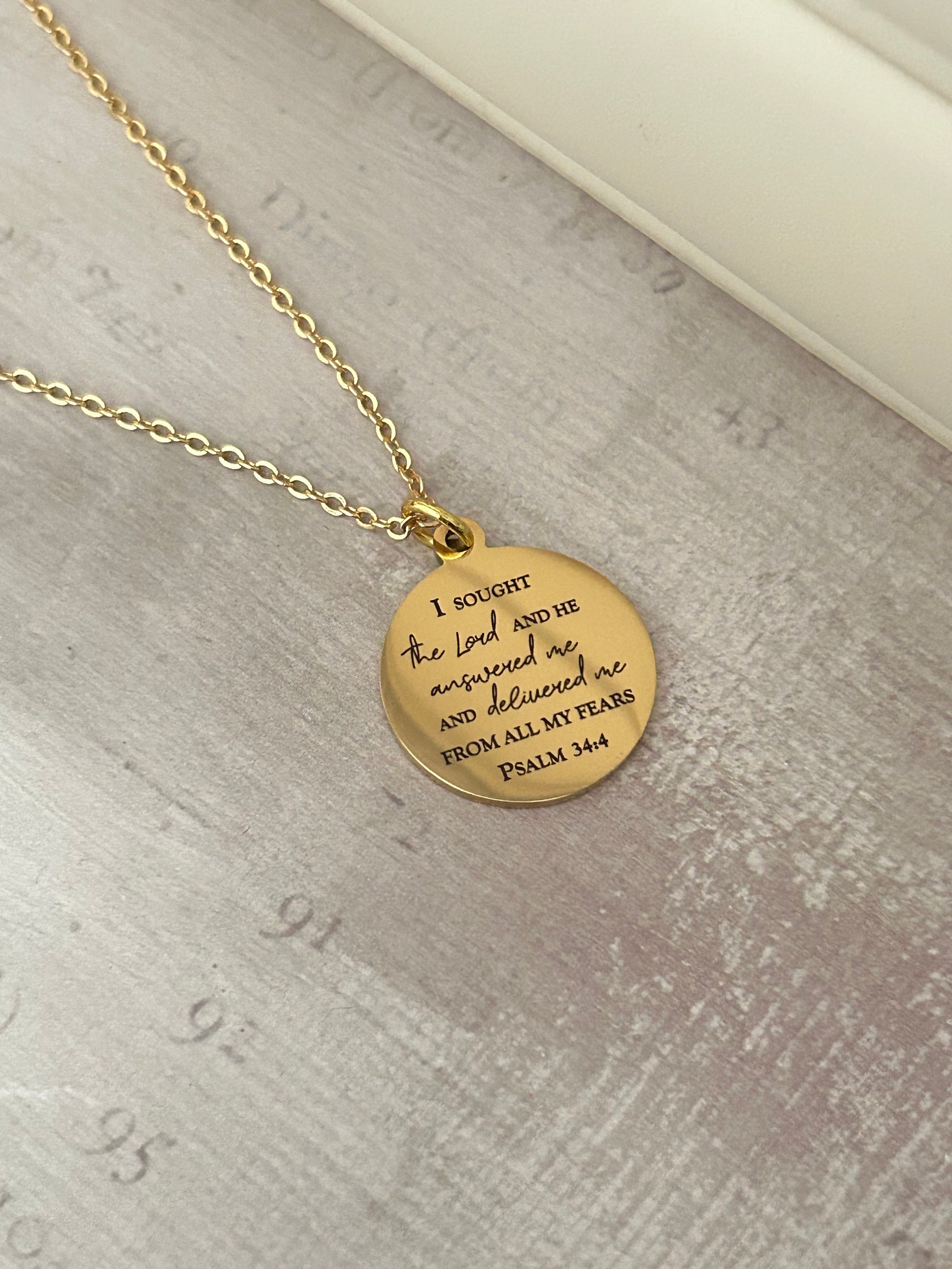 Psalm 34:4 Bible Verse Necklace, Christian Gifts, Scripture Jewelry, I sought The Lord and he answered me, Motivational Gift, Psalm Jewelry