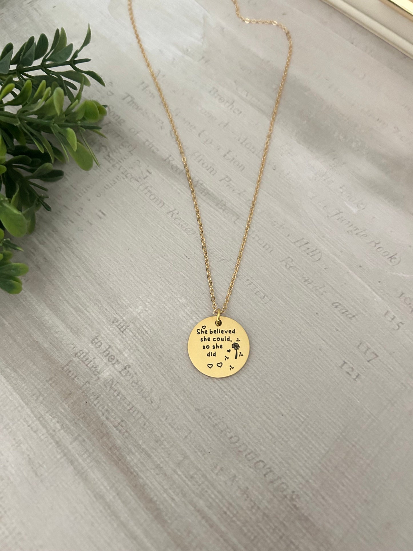 She believed She could so She did Gold Necklace, Inspirational Jewelry, Gift for Daughter, Motivational Charm Pendant, Graduation Gift