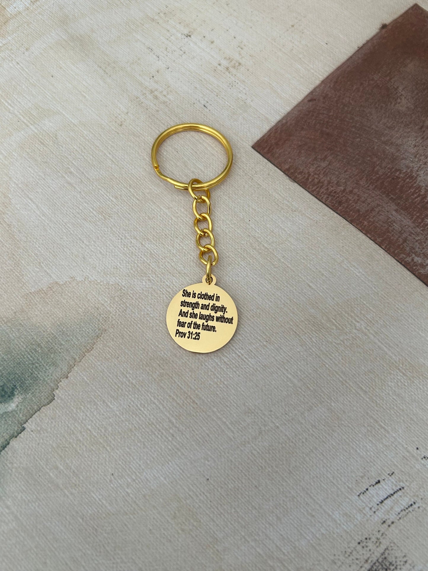 She is clothed in strength and dignity proverbs 31 Keychain, Affirmation Charms pendants, motivational Gifts Jewelry, custom keychains