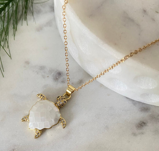 White Sea Turtle Shell Necklace 18K Gold Plated, Summer Jewelry, Beach Gift, Turtle Jewelry, Sea Charms, Minimalist Gold Necklace