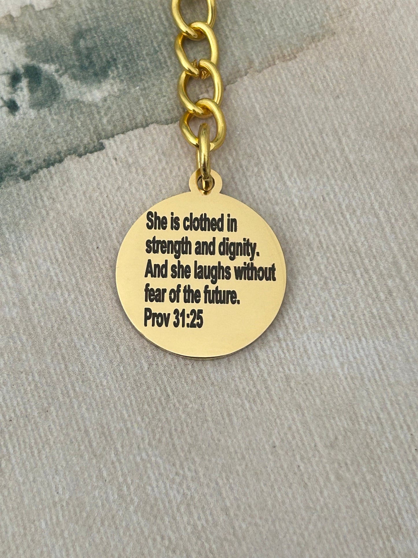 She is clothed in strength and dignity proverbs 31 Keychain, Affirmation Charms pendants, motivational Gifts Jewelry, custom keychains