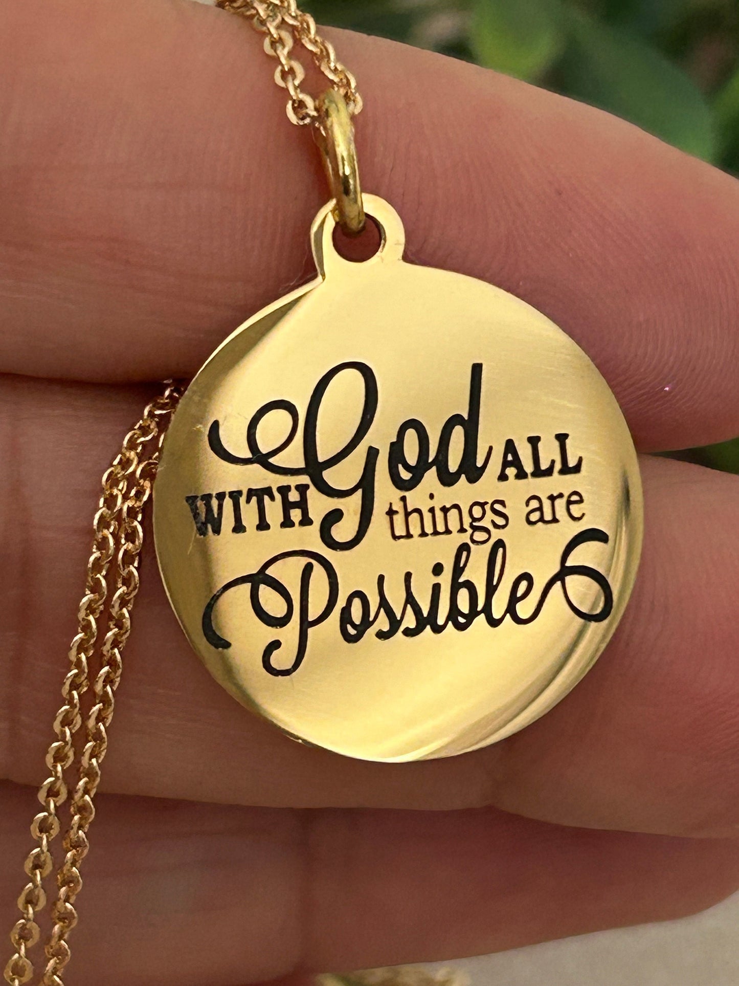 Gold Bible Verse Necklace: Christian Scripture Jewelry Gift With God All Things are Possible