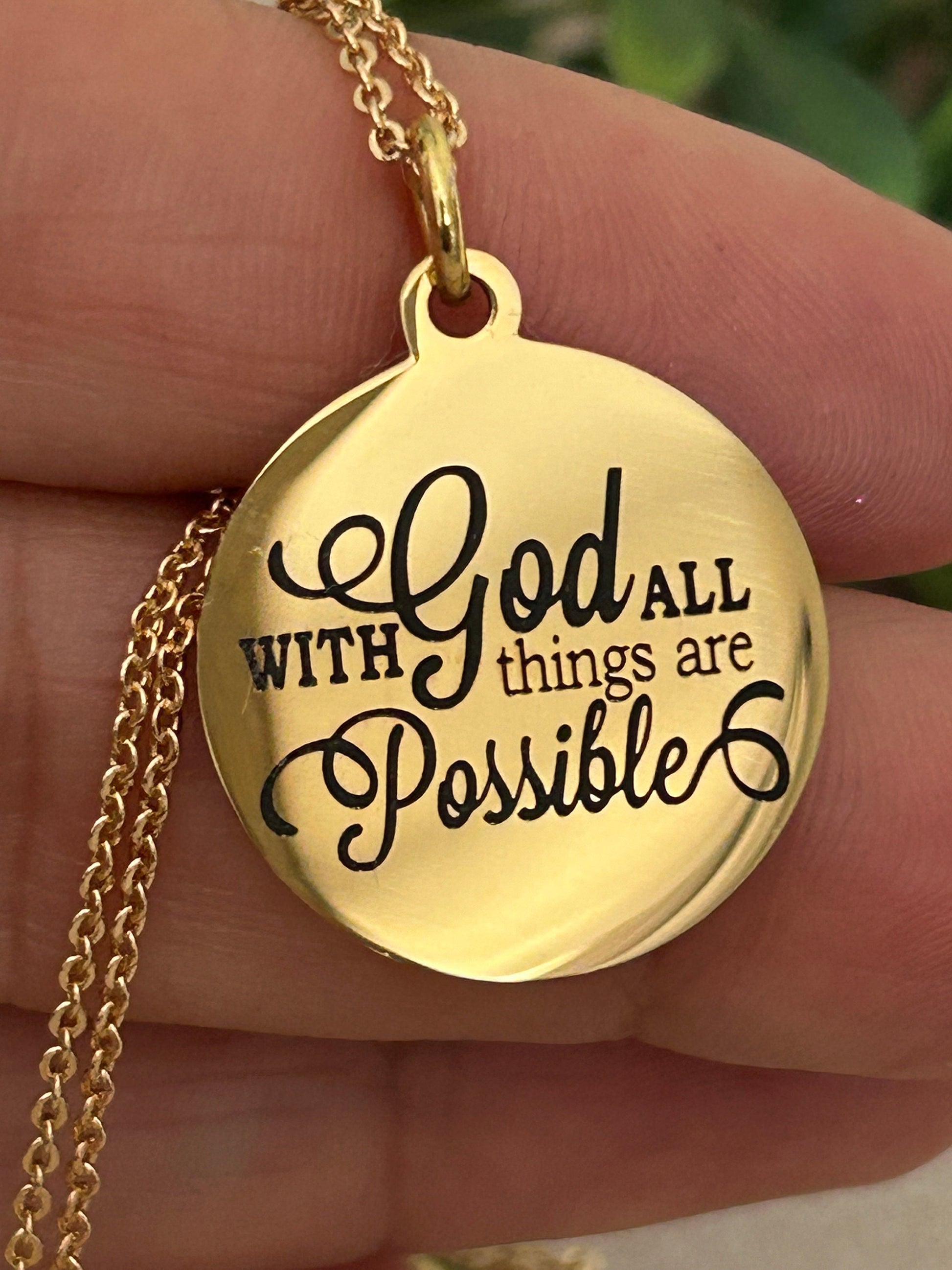 Gold Bible Verse Necklace: Christian Scripture Jewelry Gift With God All Things are Possible