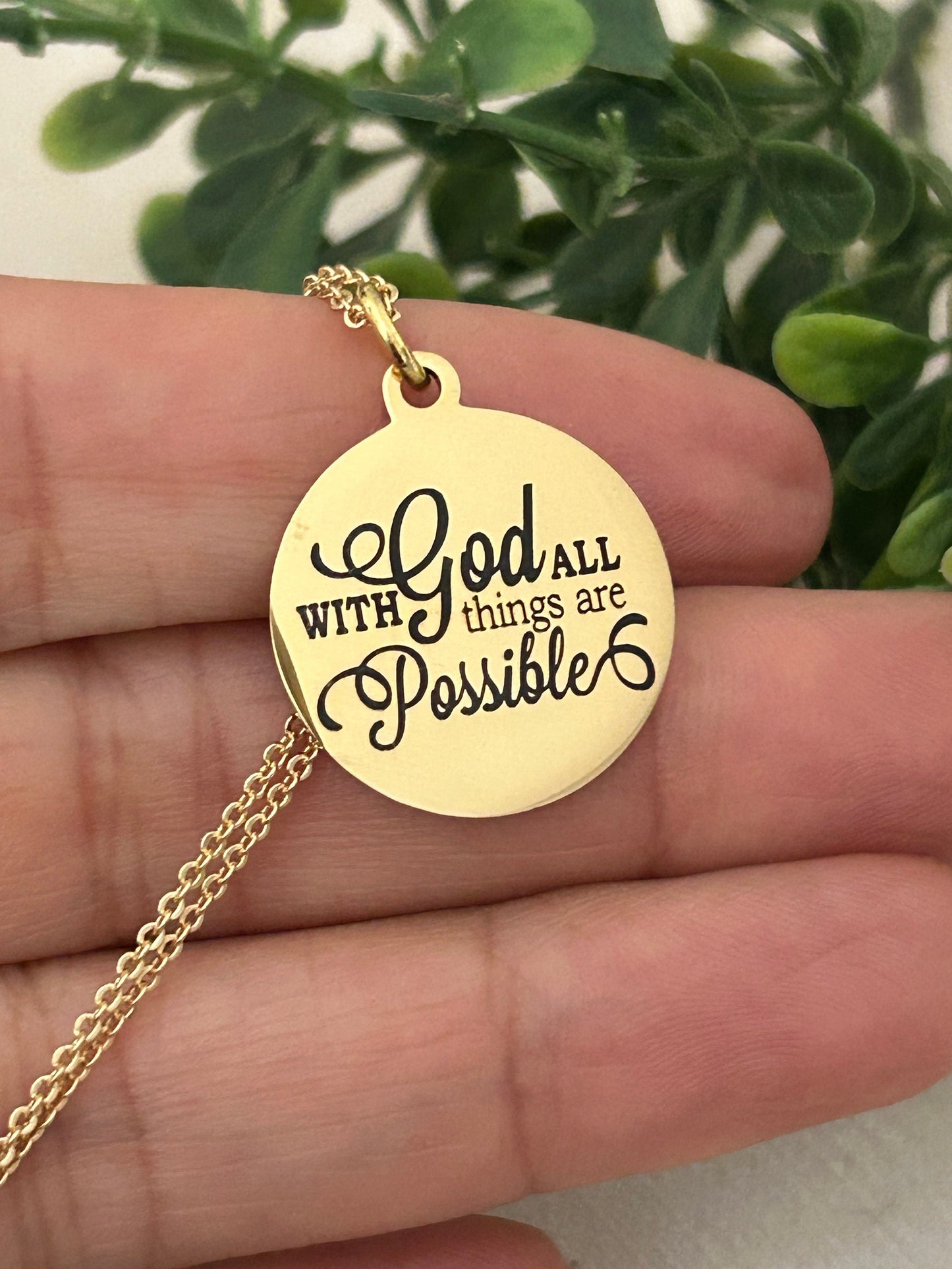 Gold Bible Verse Necklace: Christian Scripture Jewelry Gift With God All Things are Possible