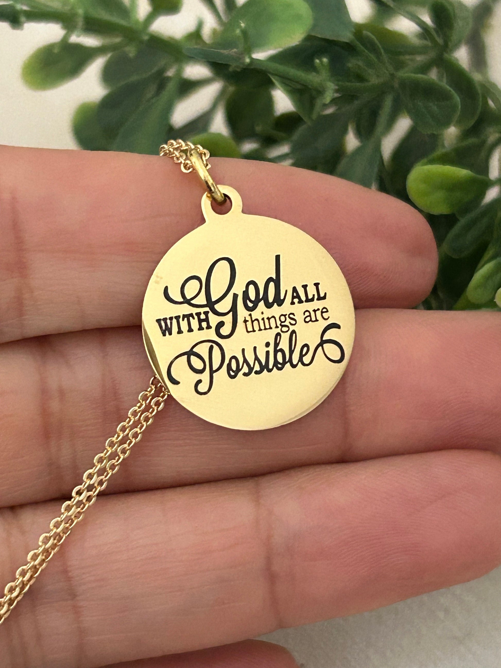 Gold Bible Verse Necklace: Christian Scripture Jewelry Gift With God All Things are Possible
