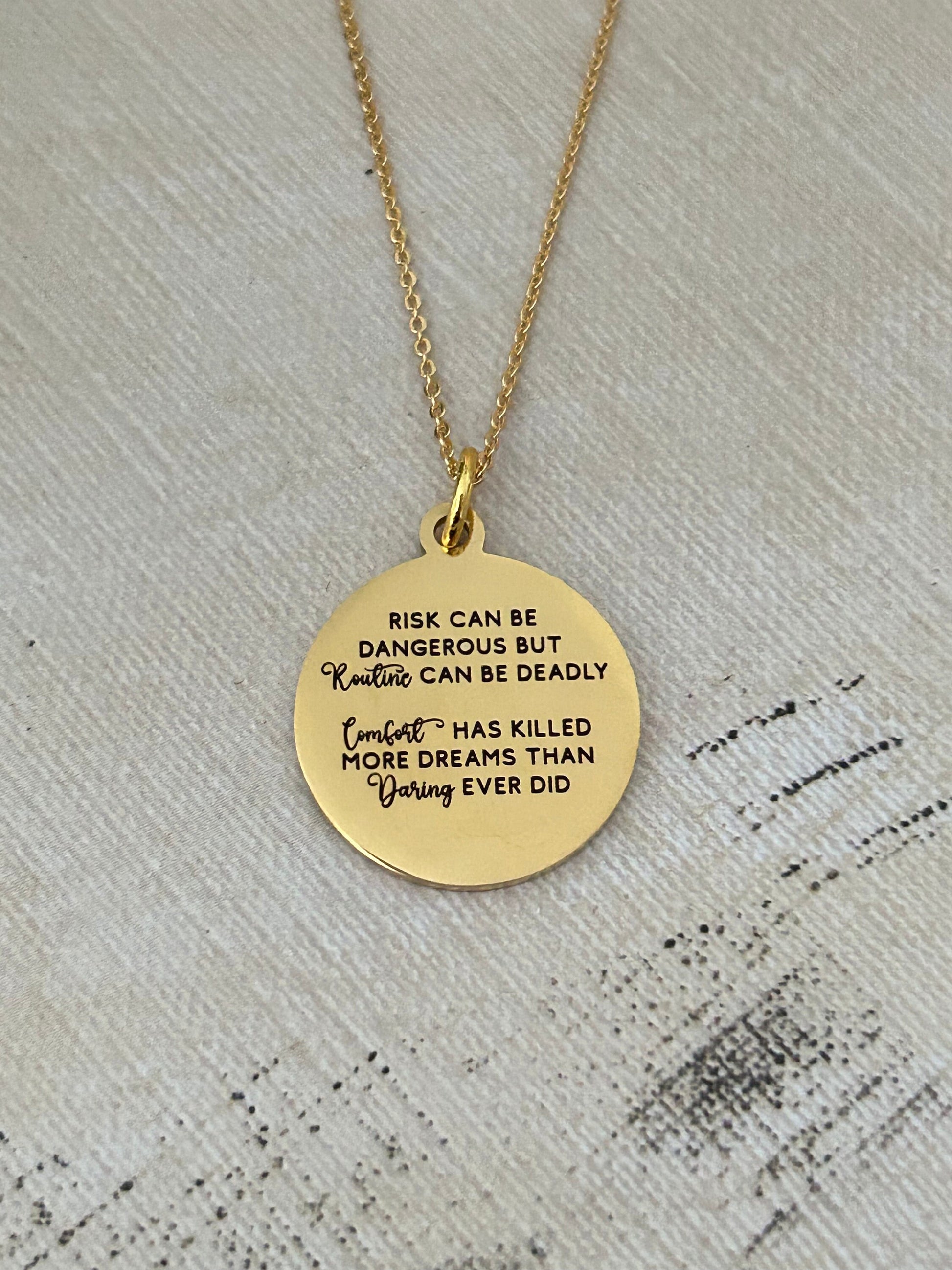 Risk Quote Necklace, 16K Gold Plated, Encouraging Motivational Gift, inspirational jewelry, Self Care Gift, No Risk No Magic,