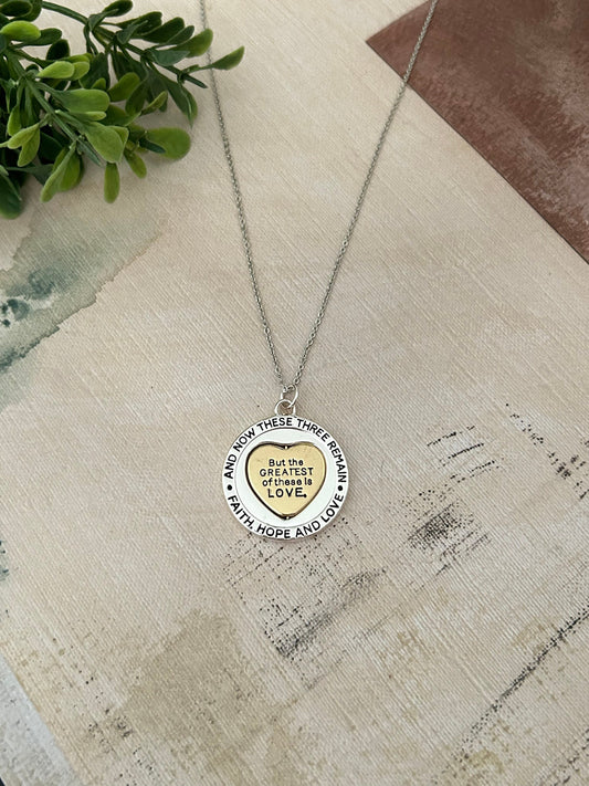 But the greatest of these is Love Bible Verse Spinner Necklace, Christian Gifts Jewelry, Motivational Scripture Charms, Faith Hope and Love