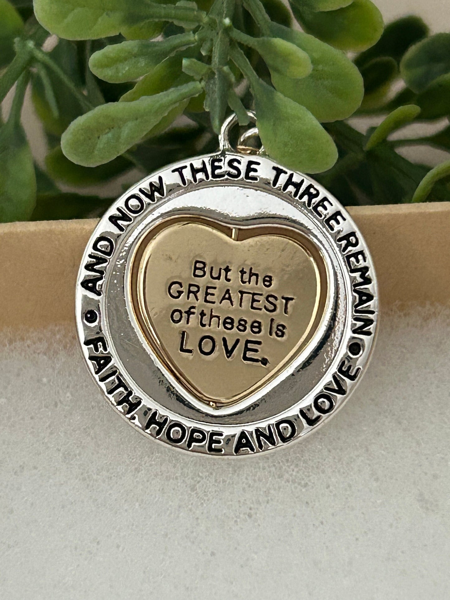 But the greatest of these is Love Bible Verse Spinner Necklace, Christian Gifts Jewelry, Motivational Scripture Charms, Faith Hope and Love