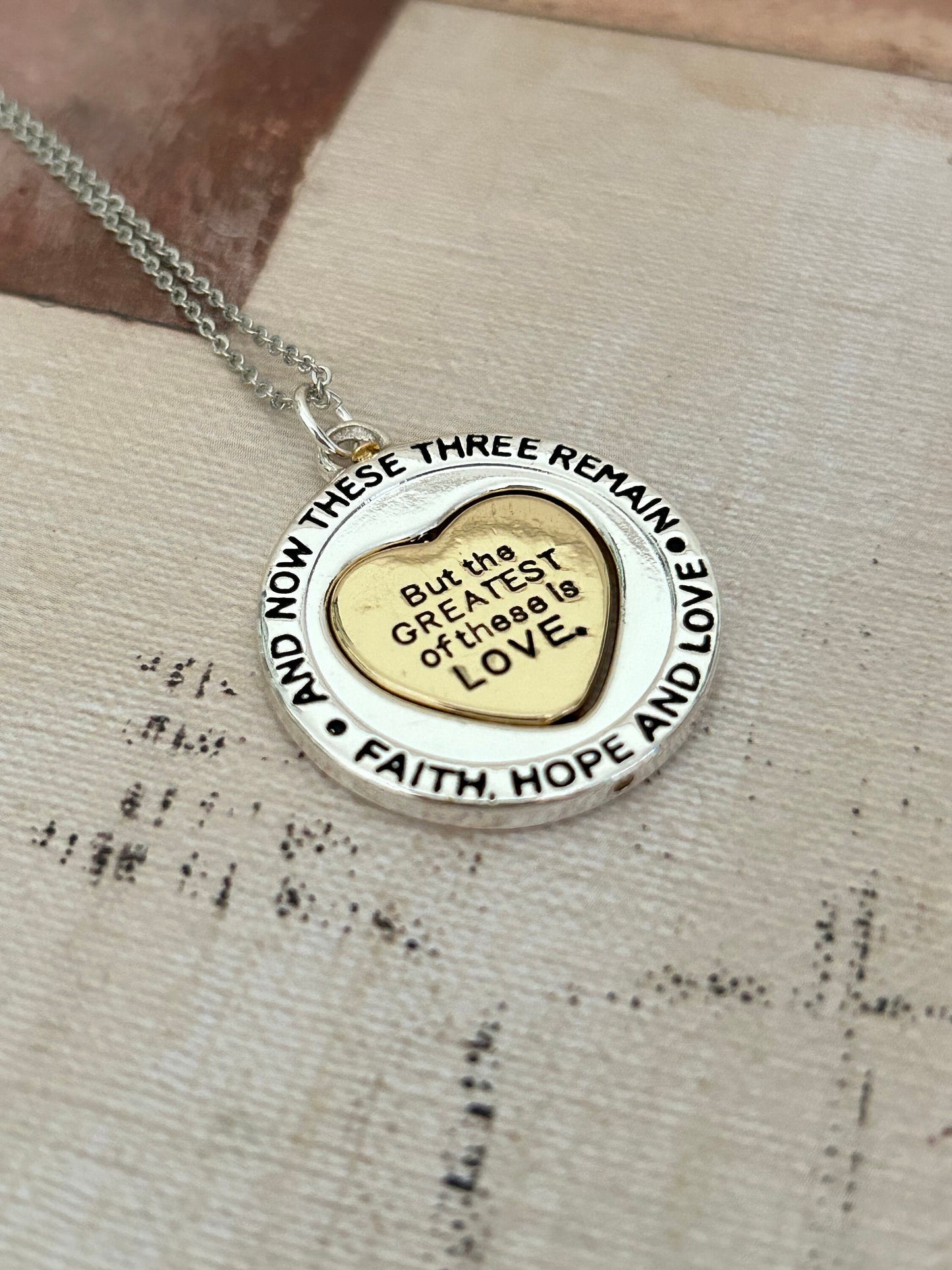 But the greatest of these is Love Bible Verse Spinner Necklace, Christian Gifts Jewelry, Motivational Scripture Charms, Faith Hope and Love