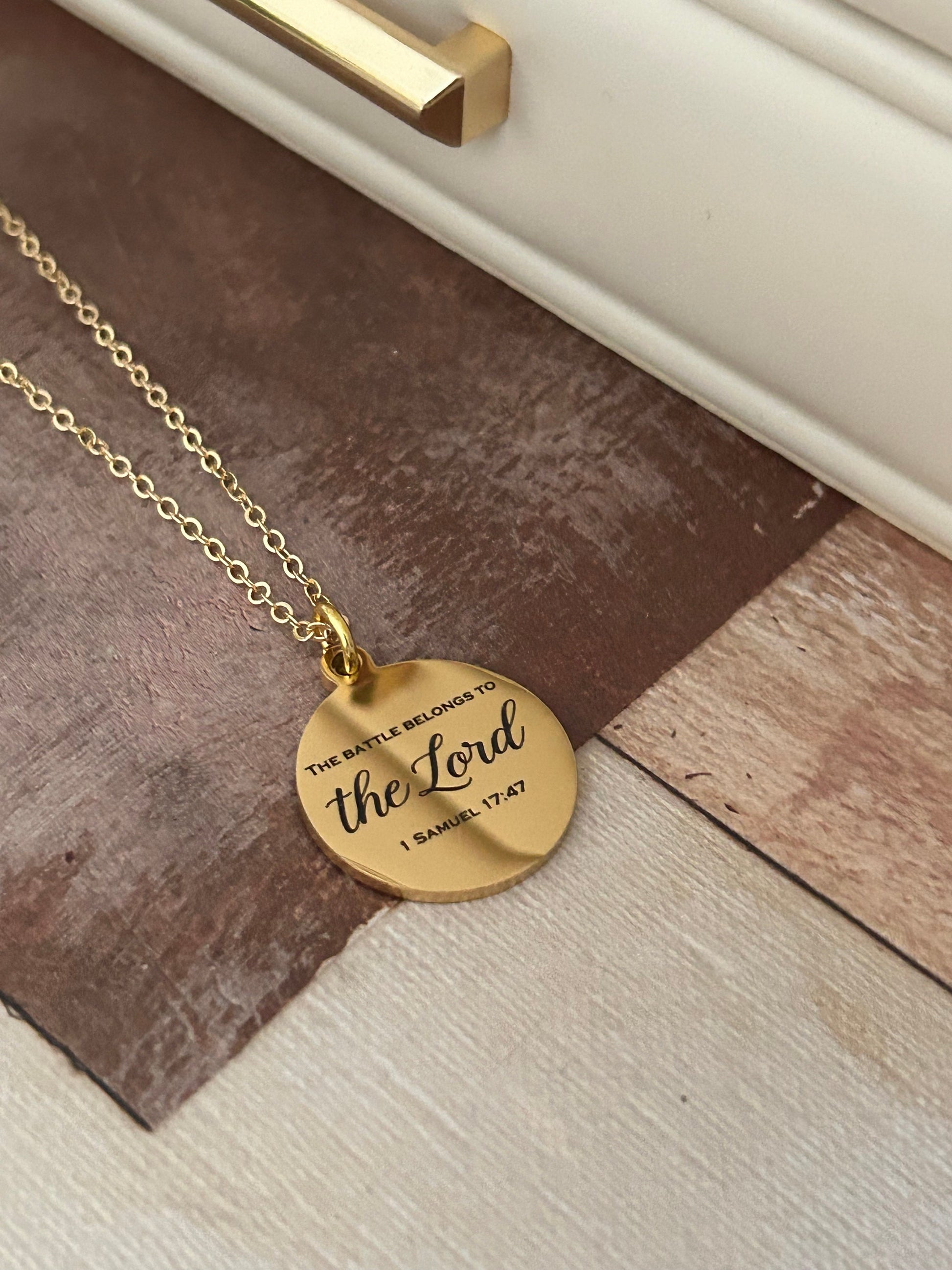 The Battle belongs to The Lord Bible Verse Gold Necklace, Christian Gifts, Scripture Jewelry, Personalized Quote Necklace, 1 Samuel 17:47