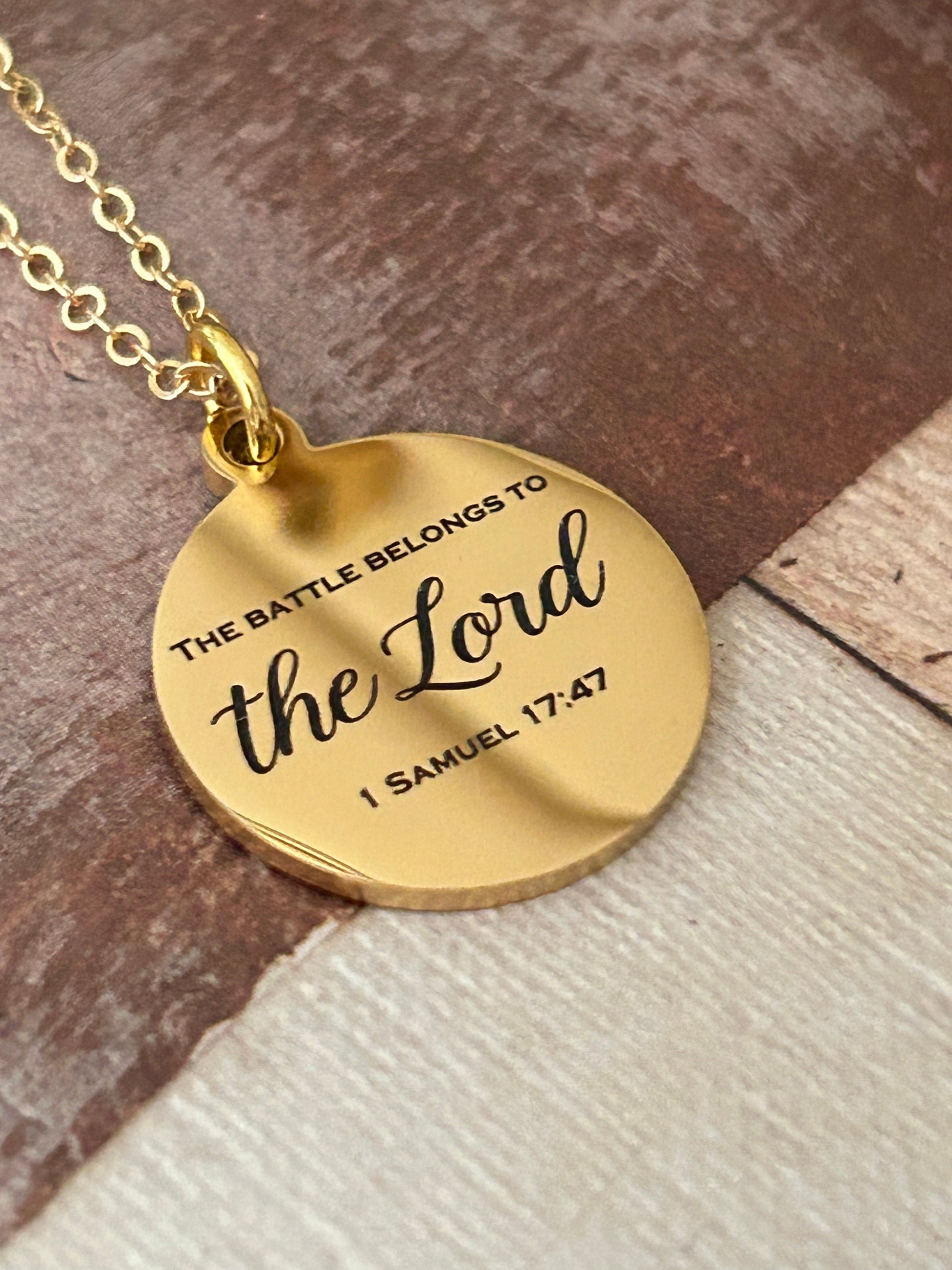 The Battle belongs to The Lord Bible Verse Gold Necklace, Christian Gifts, Scripture Jewelry, Personalized Quote Necklace, 1 Samuel 17:47