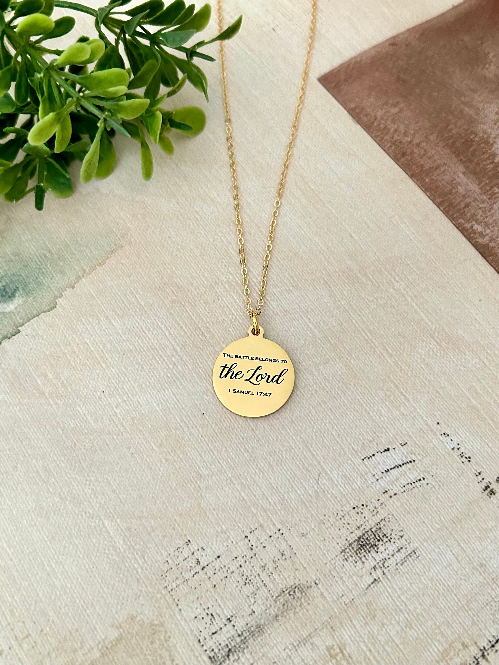 The Battle belongs to The Lord Bible Verse Gold Necklace, Christian Gifts, Scripture Jewelry, Personalized Quote Necklace, 1 Samuel 17:47