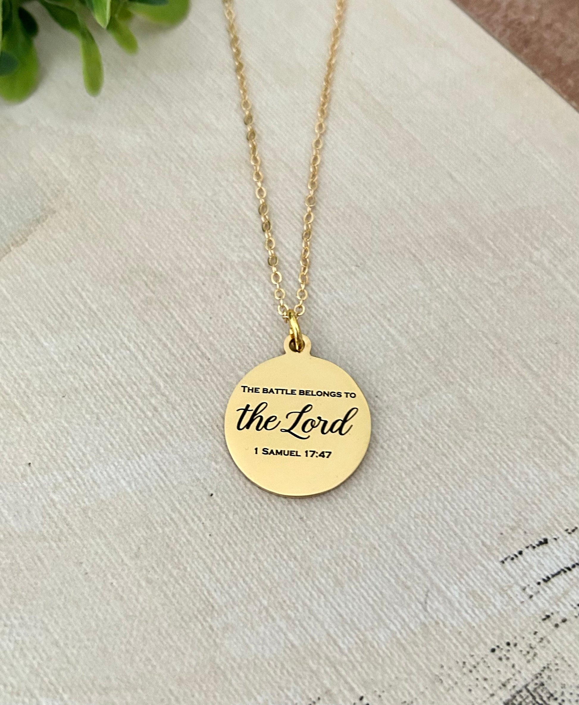 The Battle belongs to The Lord Bible Verse Gold Necklace, Christian Gifts, Scripture Jewelry, Personalized Quote Necklace, 1 Samuel 17:47