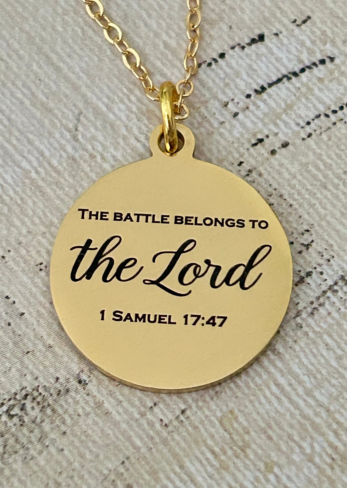 The Battle belongs to The Lord Bible Verse Gold Necklace, Christian Gifts, Scripture Jewelry, Personalized Quote Necklace, 1 Samuel 17:47