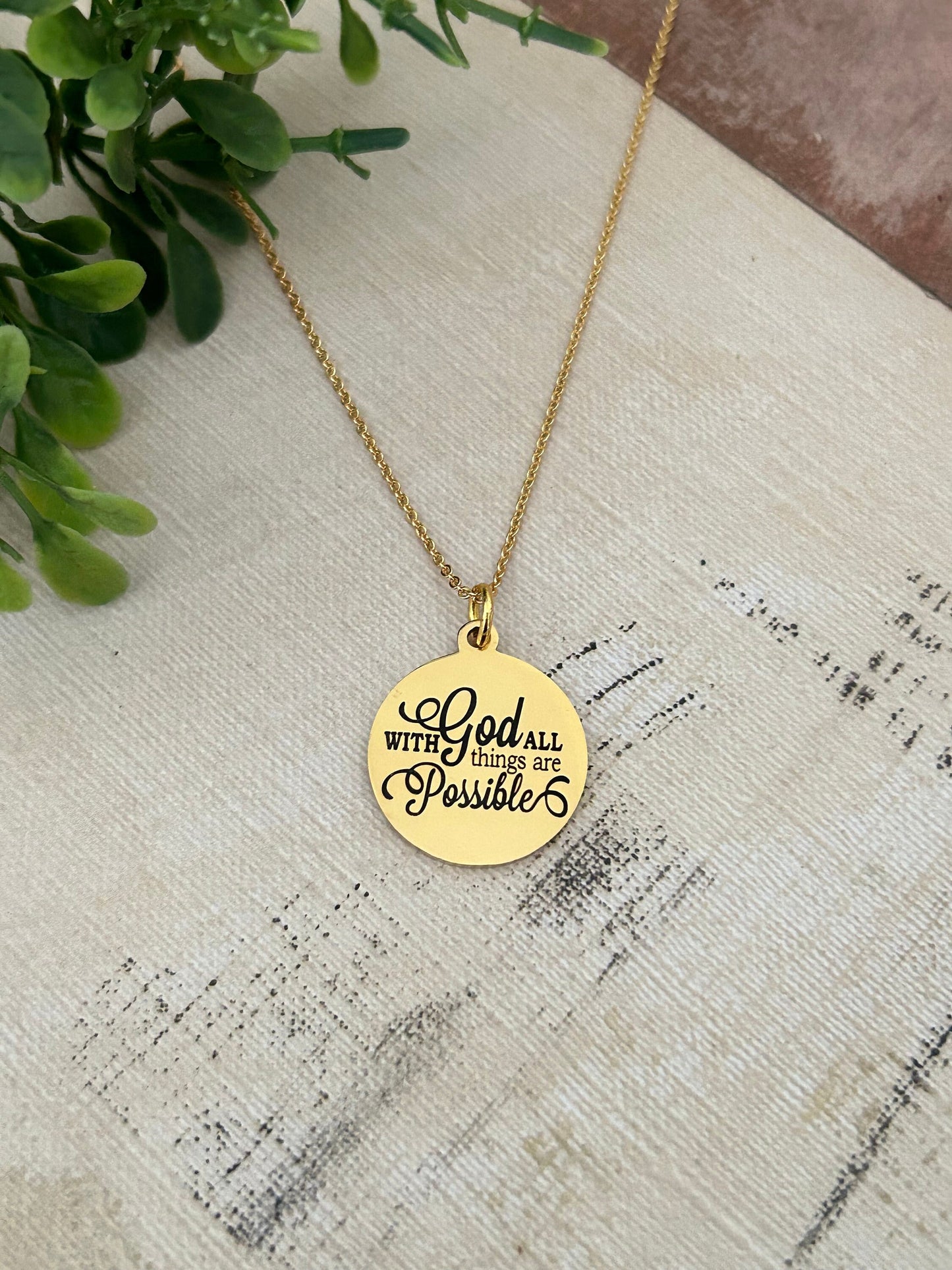 Gold Bible Verse Necklace: Christian Scripture Jewelry Gift With God All Things are Possible