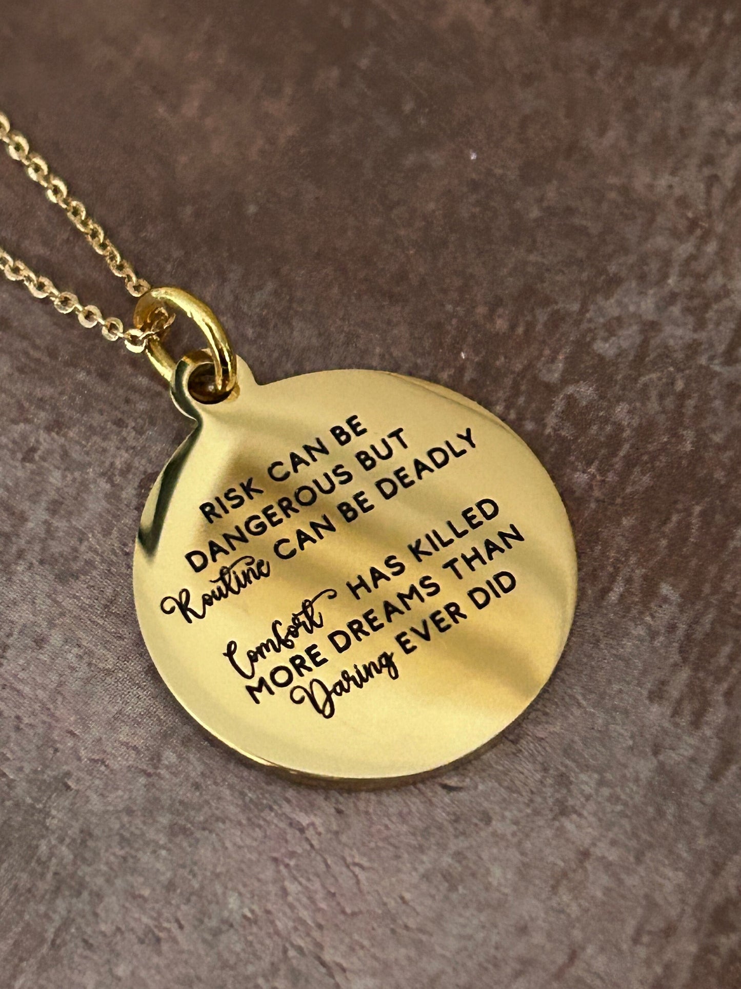 Risk Quote Necklace, 16K Gold Plated, Encouraging Motivational Gift, inspirational jewelry, Self Care Gift, No Risk No Magic,