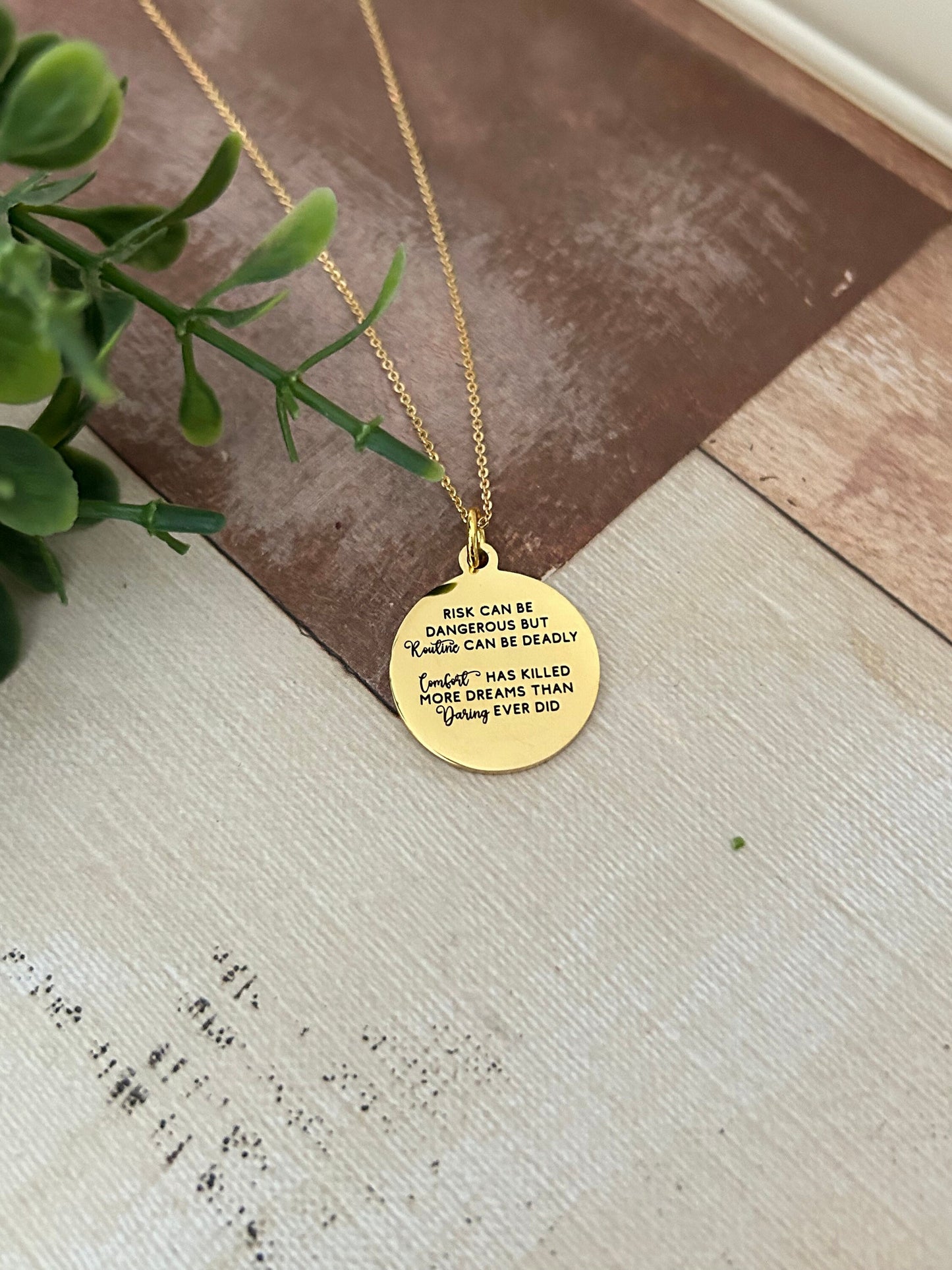 Risk Quote Necklace, 16K Gold Plated, Encouraging Motivational Gift, inspirational jewelry, Self Care Gift, No Risk No Magic,