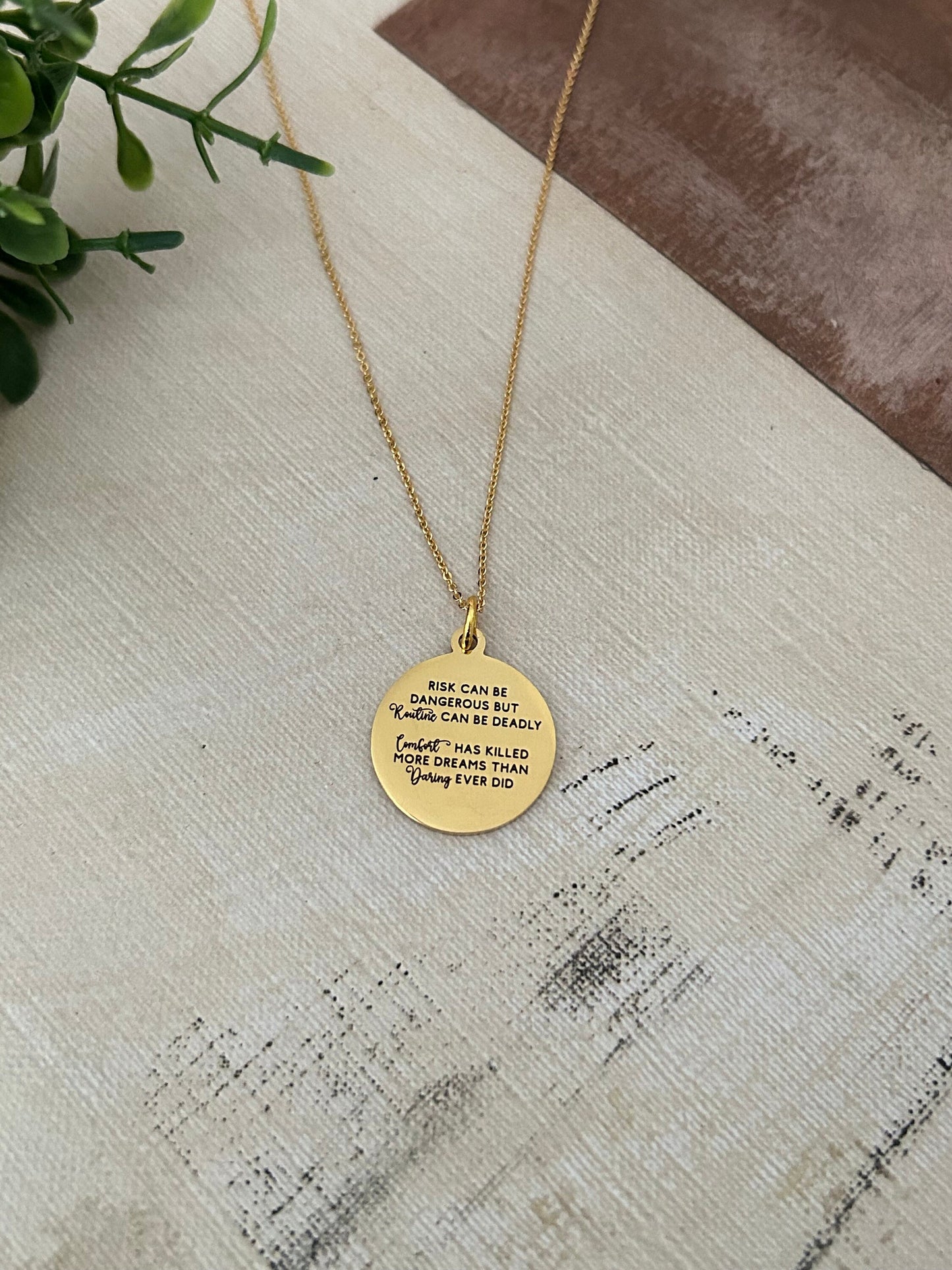 Risk Quote Necklace, 16K Gold Plated, Encouraging Motivational Gift, inspirational jewelry, Self Care Gift, No Risk No Magic,