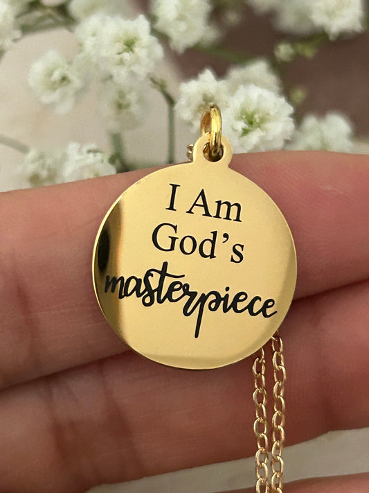 God's Masterpiece Necklace: Engraved Christian Gift, 14k Gold over Stainless Steel