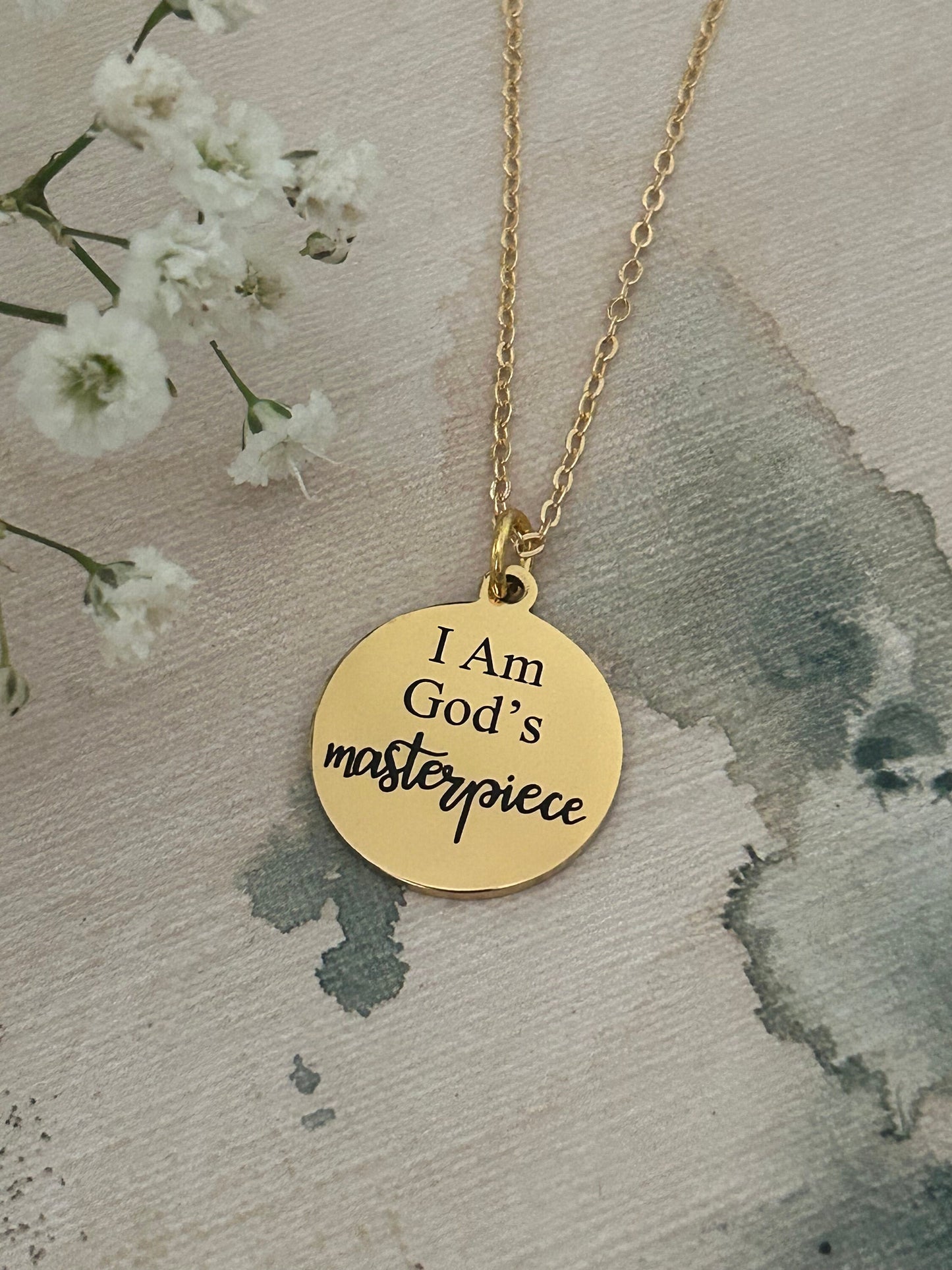 God's Masterpiece Necklace: Engraved Christian Gift, 14k Gold over Stainless Steel