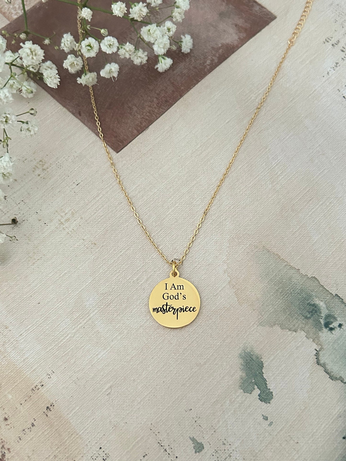 God's Masterpiece Necklace: Engraved Christian Gift, 14k Gold over Stainless Steel