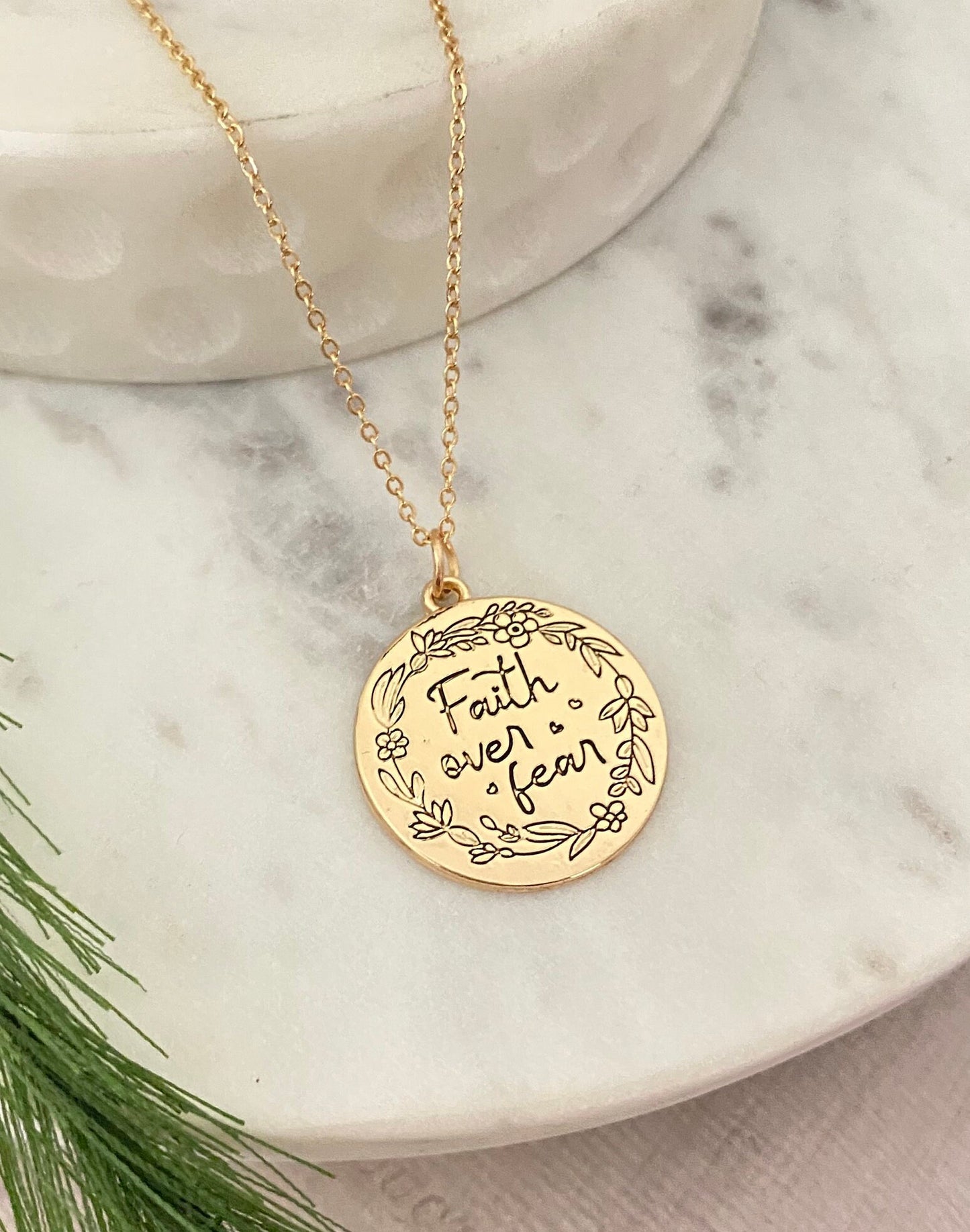 Faith Over Fear Gold Coin Necklace, Engraved Floral Necklace, Christian Gifts, Scripture Faith jewelry, gift for mom, Mother’s Day