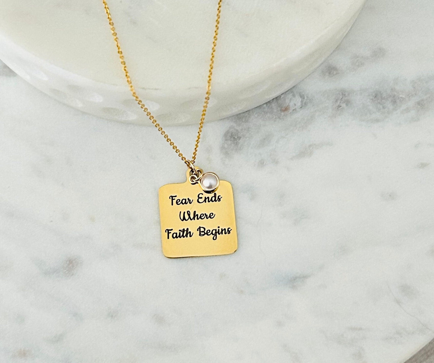 Fear Ends Where Faith Begins Gold Necklace, 16K Gold plated, Christian Gifts, Gift for Mom, Inspirational Charms Pendants, Baptism