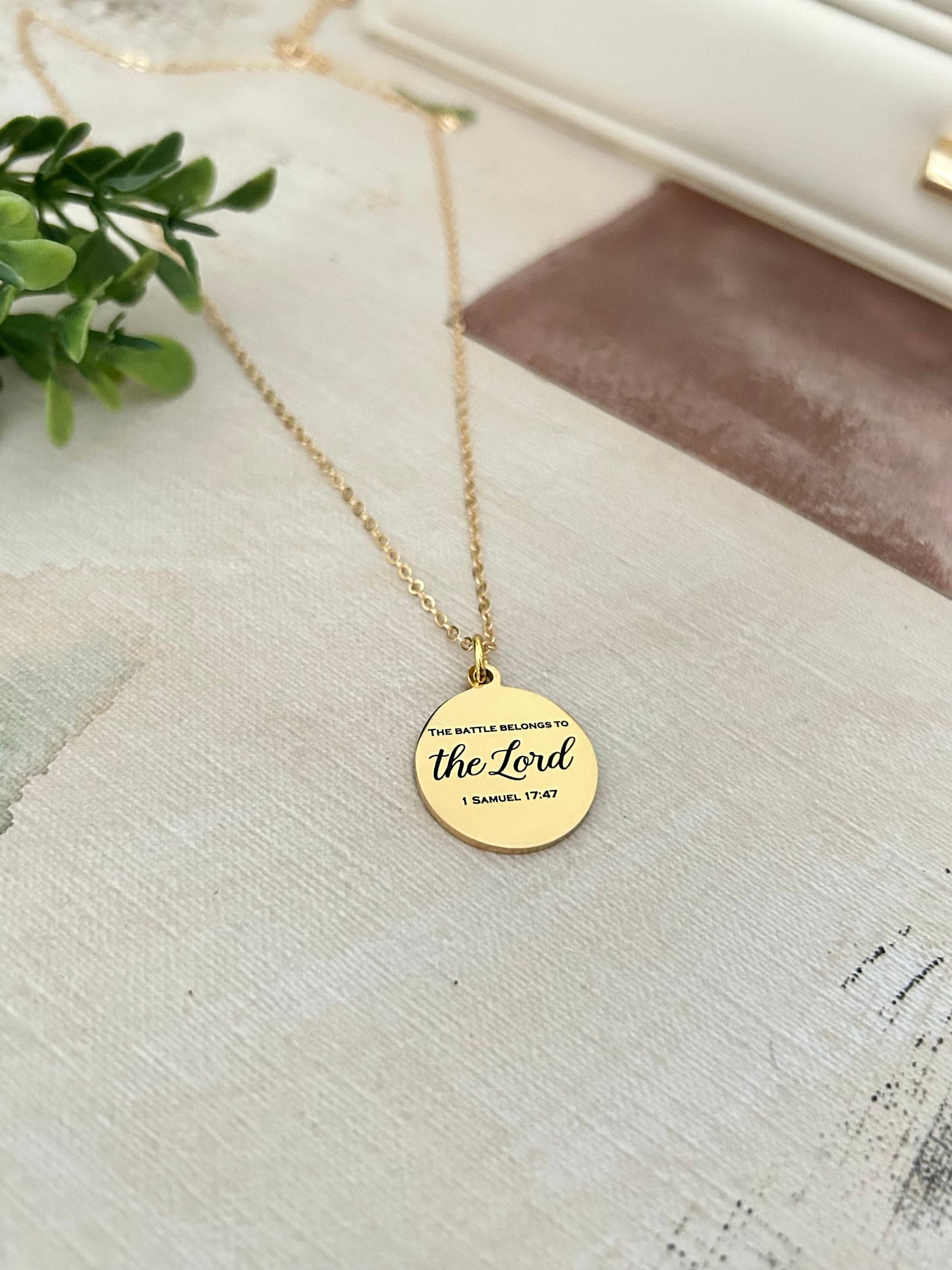 The Battle belongs to The Lord Bible Verse Gold Necklace, Christian Gifts, Scripture Jewelry, Personalized Quote Necklace, 1 Samuel 17:47