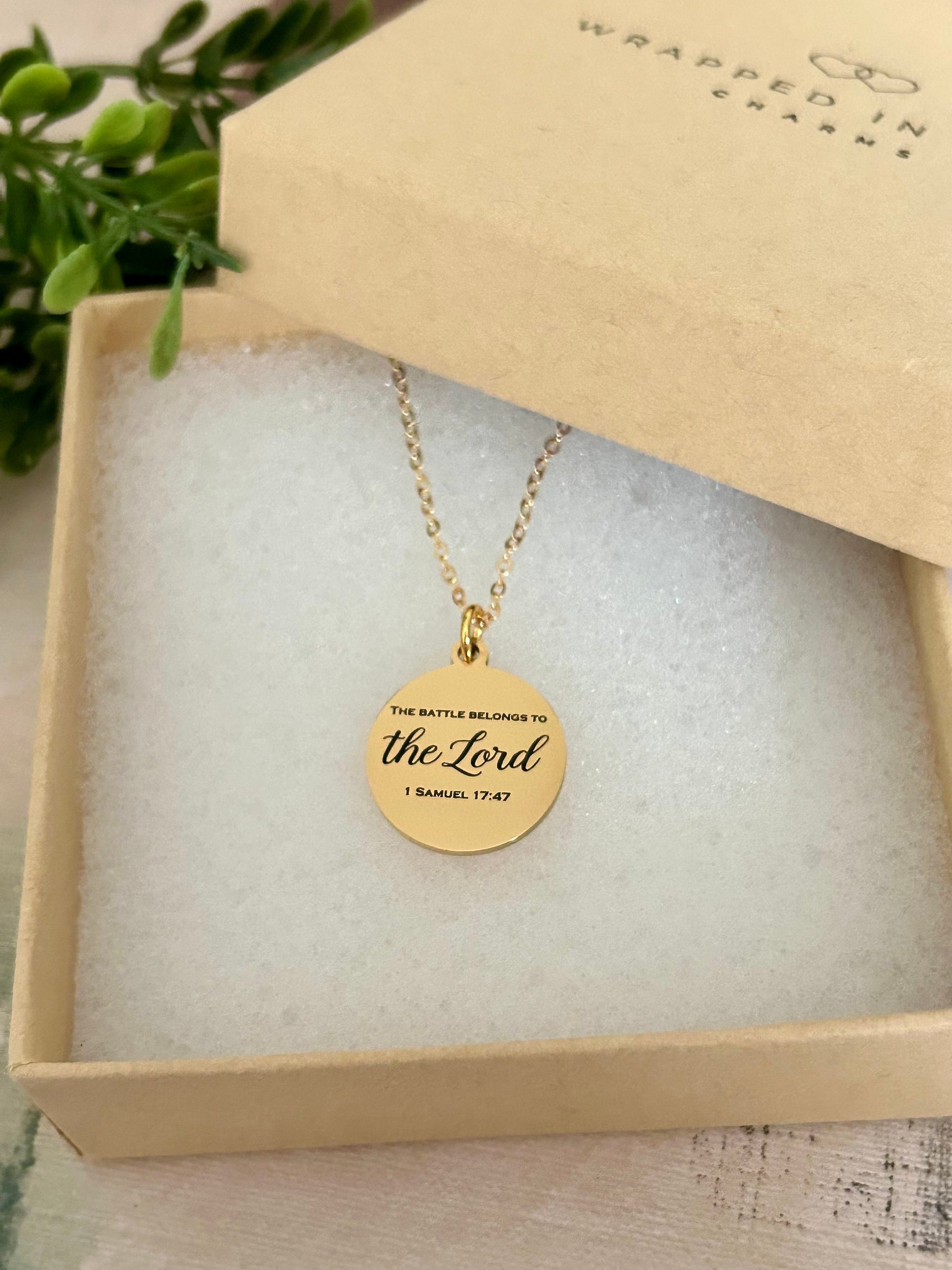 The Battle belongs to The Lord Bible Verse Gold Necklace, Christian Gifts, Scripture Jewelry, Personalized Quote Necklace, 1 Samuel 17:47