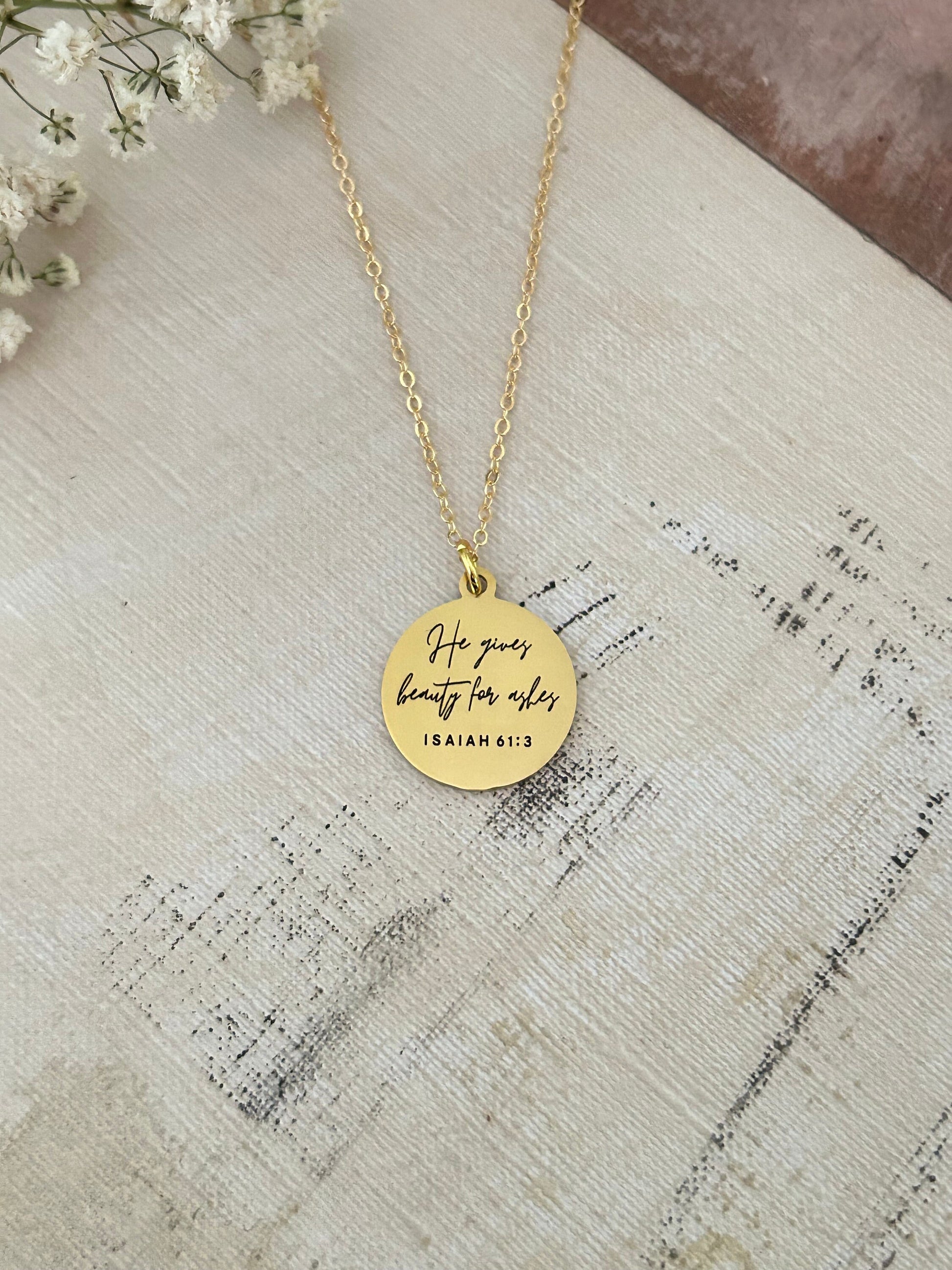 Beauty for Ashes Scripture Necklace, Christian Gifts, Isaiah 61:3, Motivational Jewelry, Birthday Gift for Her, Bible Verse Charms