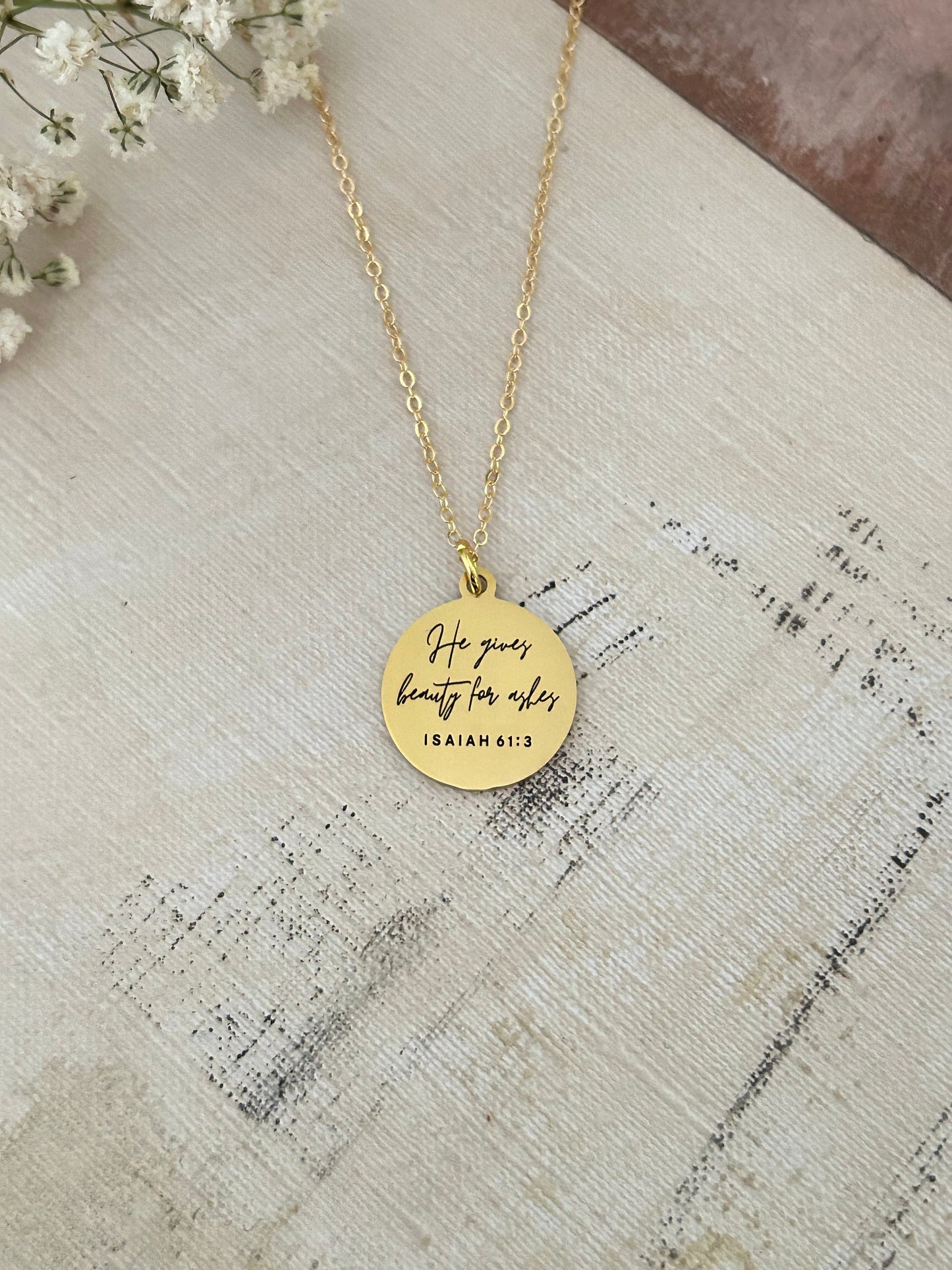 Beauty for ashes bible verse Necklace, 16K Gold plated, Scripture Jewelry, Christian Gifts, Isaiah 61:3, Faith Charms, Gift for Mom, Baptism