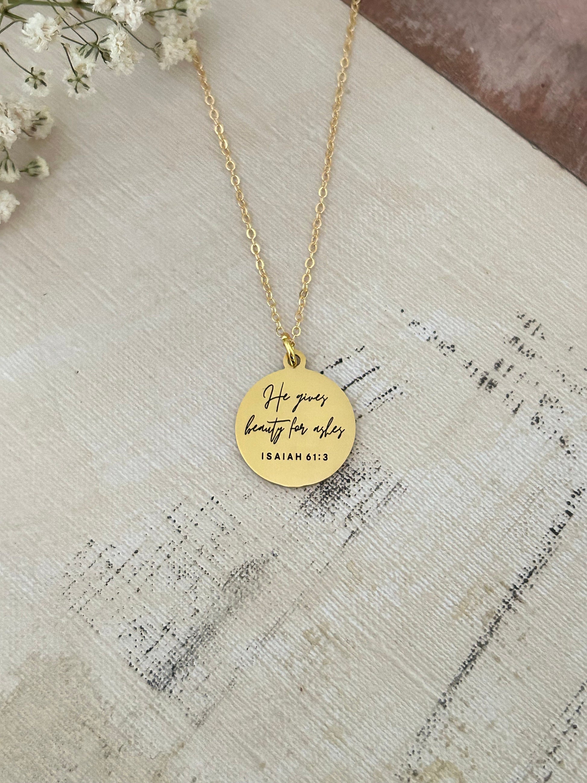 He gives Beauty for ashes bible verse Necklace, 16K Gold plated, Scripture Jewelry, Christian Gifts, Isaiah 61:3, Faith Charms, Gift for Mom