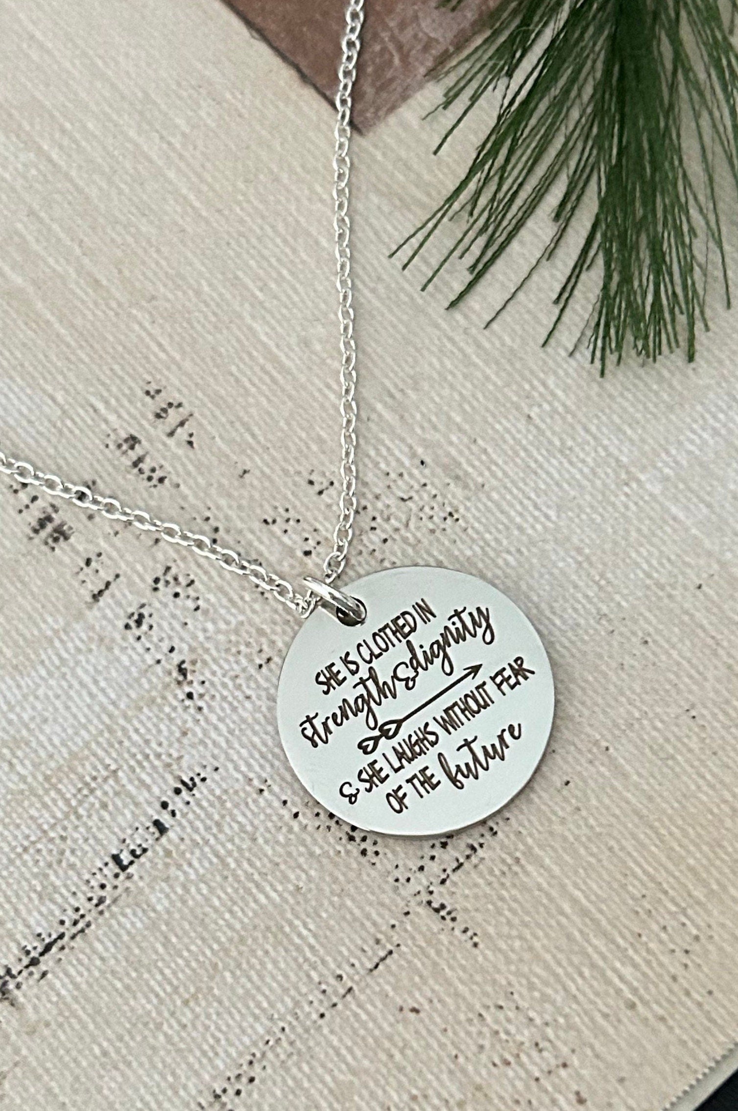 She is clothed in strength and Dignity Bible Verse Necklace, Proverbs 31:25, Christian Gifts Jewelry, Scripture Quote Charm, Motivational