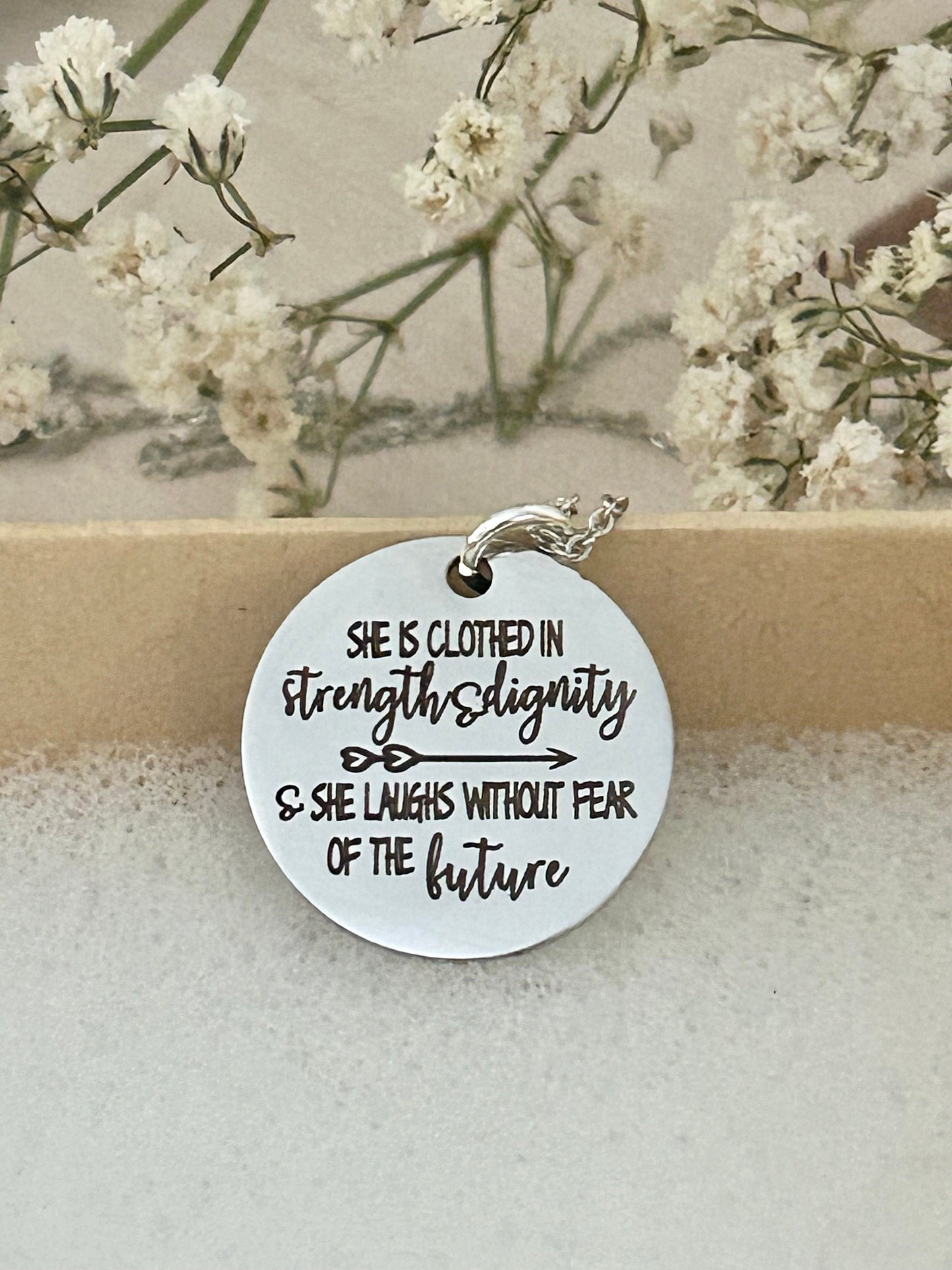 She is clothed in strength and Dignity Bible Verse Necklace, Proverbs 31:25, Christian Gifts Jewelry, Scripture Quote Charm, Motivational