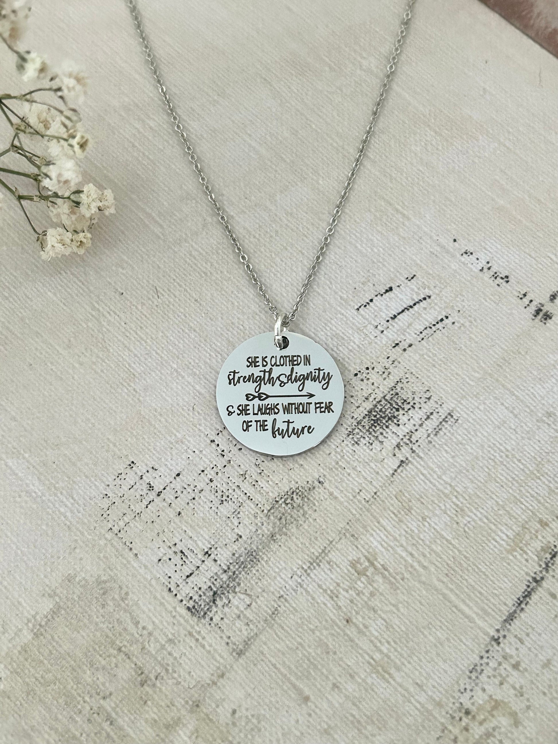 She is clothed in strength and Dignity Bible Verse Necklace, Proverbs 31:25, Christian Gifts Jewelry, Scripture Quote Charm, Motivational