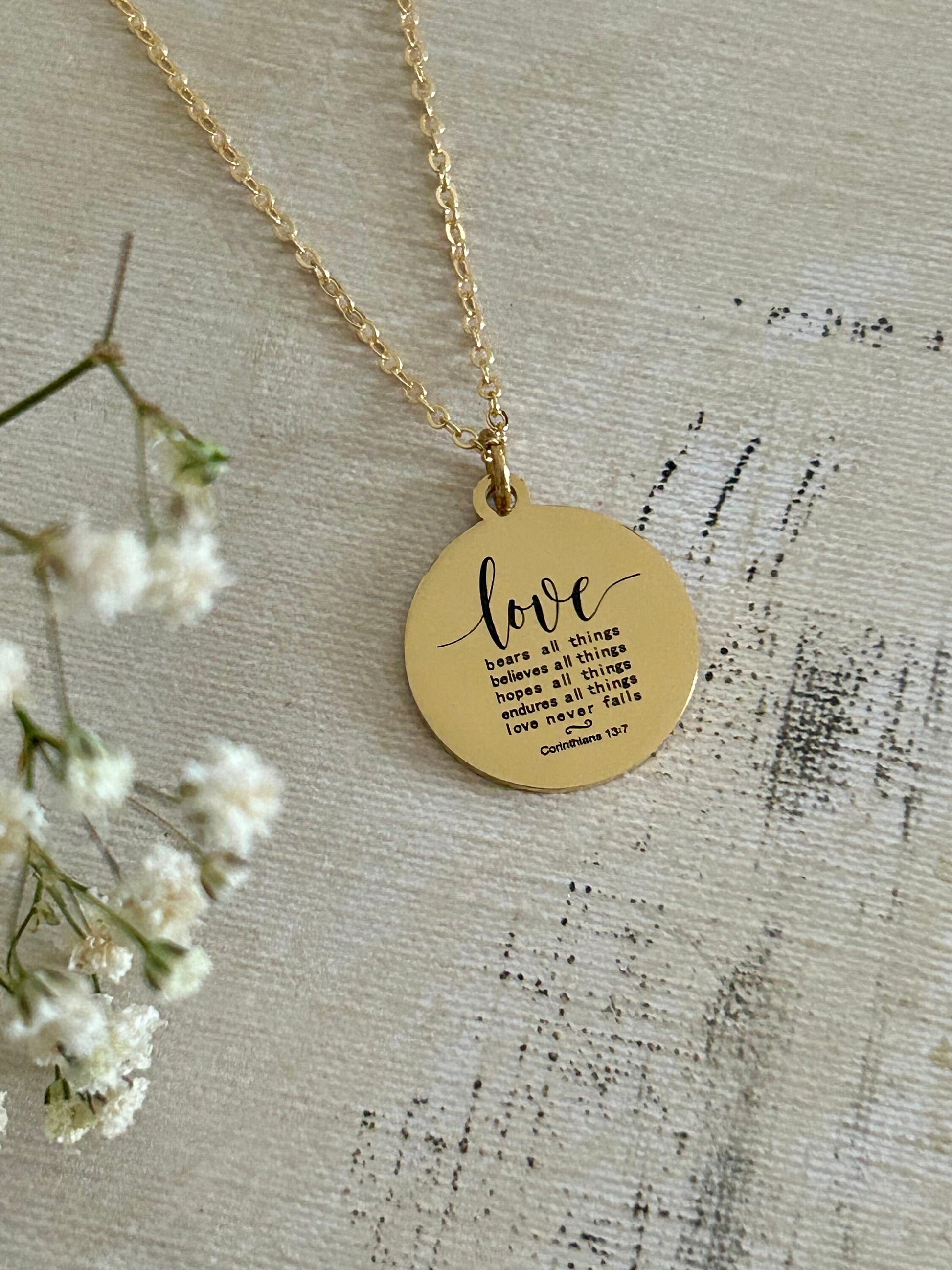 Love Never Fails Bible Verse Necklace, Christian Gifts, Scripture Necklace, Mothers Day Gift, Wedding Gift, Love Jewelry, Corinthians 13:7