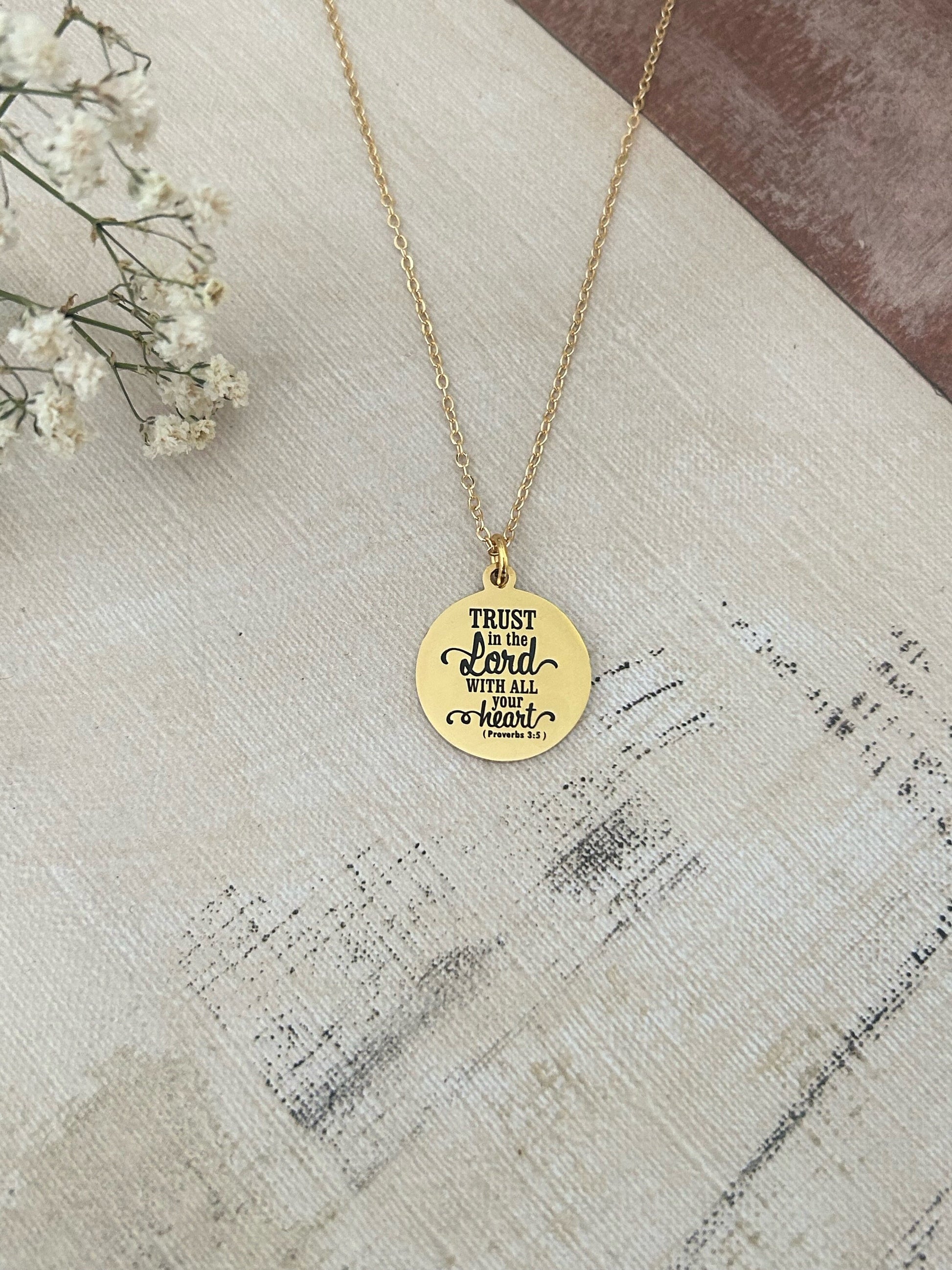 Trust in The Lord Gold Bible Verse Necklace, Proverbs 3:5, Christian Gifts, Scripture Jewelry, Mother’s Day Gift